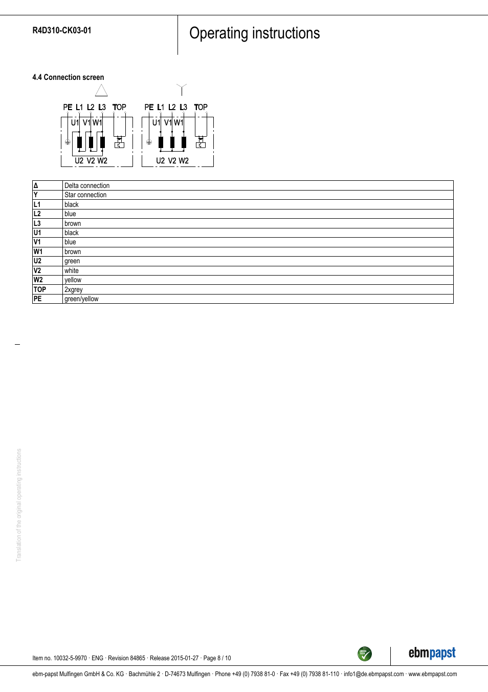Operating instructions | ebm-papst R4D310-CK03-01 User Manual | Page 8 / 10