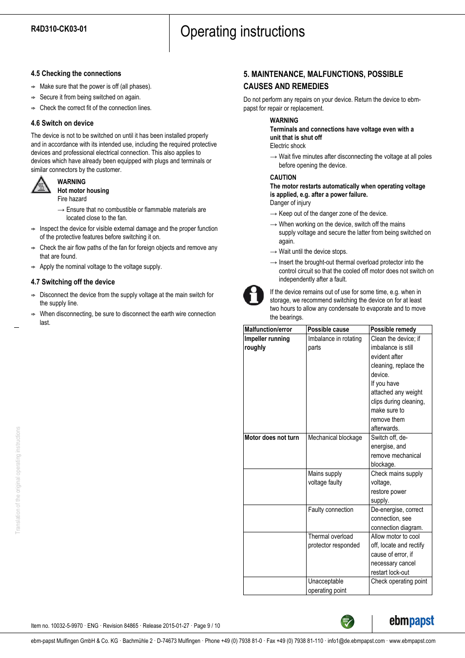 Operating instructions | ebm-papst R4D310-CK03-01 User Manual | Page 9 / 10