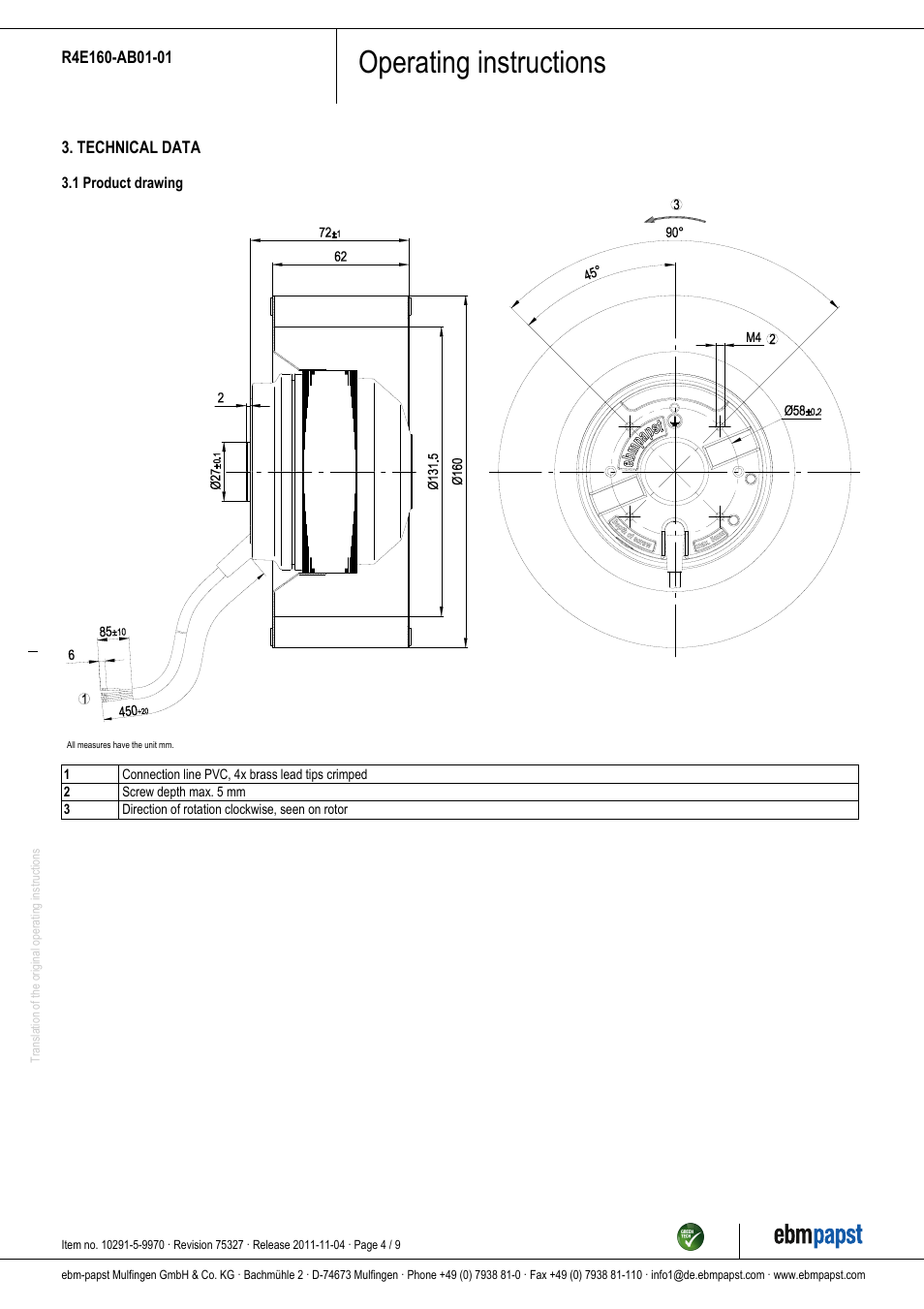 Operating instructions | ebm-papst R4E160-AB01-01 User Manual | Page 4 / 9