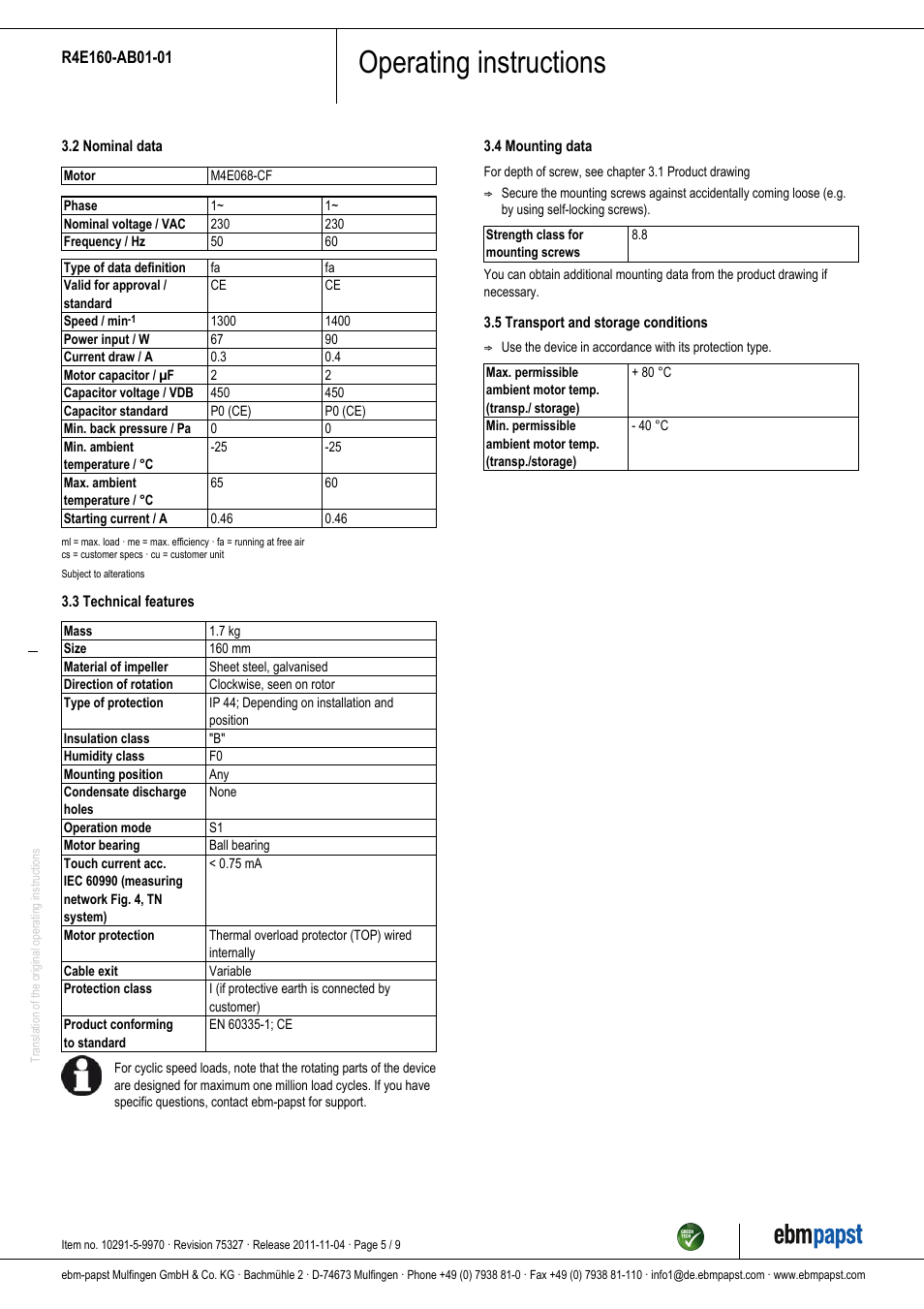 Operating instructions | ebm-papst R4E160-AB01-01 User Manual | Page 5 / 9