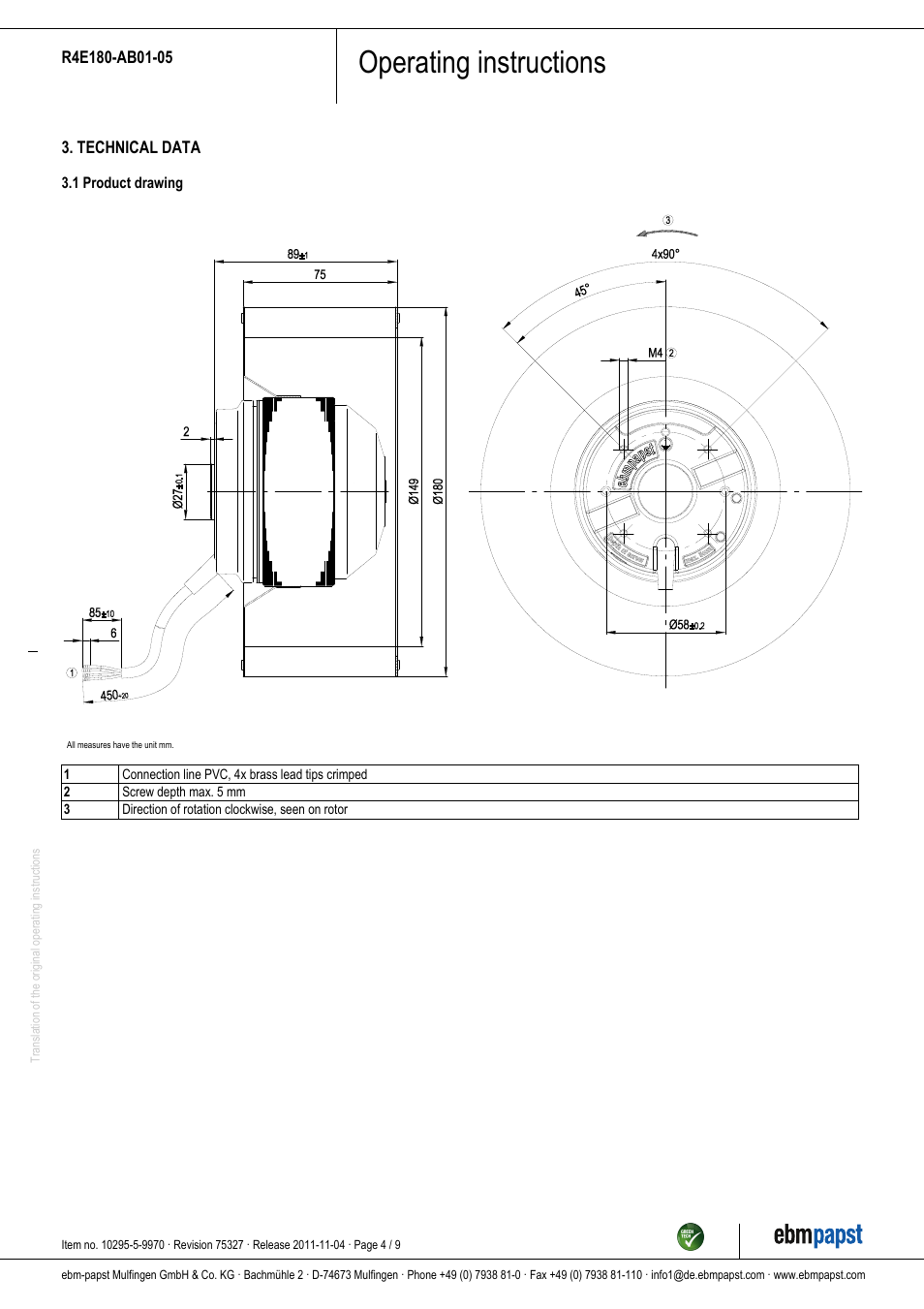 Operating instructions | ebm-papst R4E180-AB01-05 User Manual | Page 4 / 9