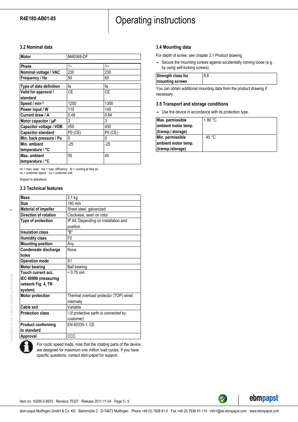 Operating instructions | ebm-papst R4E180-AB01-05 User Manual | Page 5 / 9