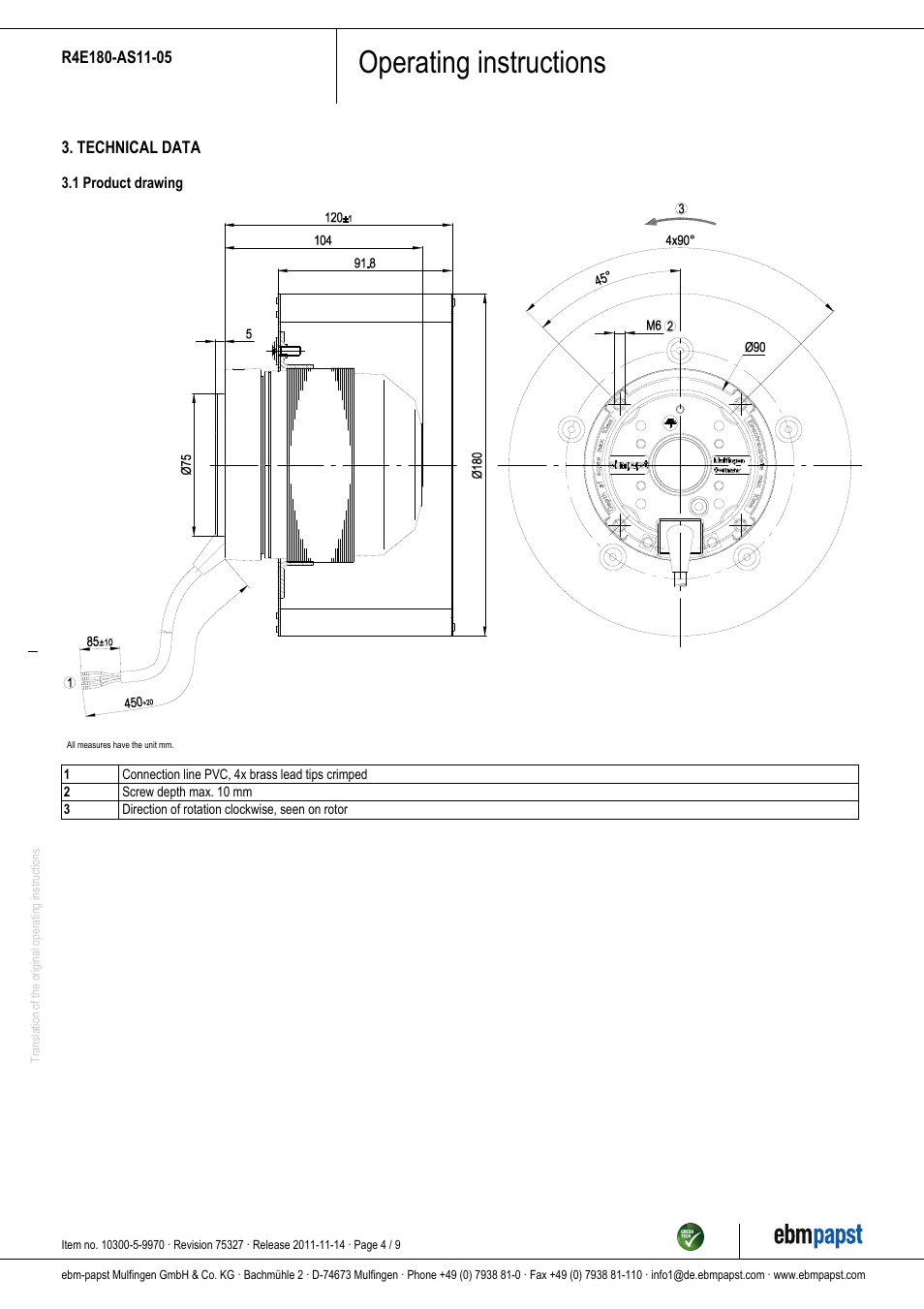 Operating instructions | ebm-papst R4E180-AS11-05 User Manual | Page 4 / 9