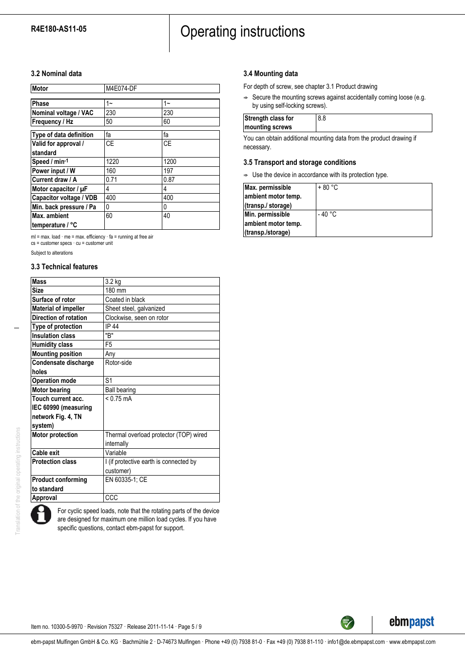 Operating instructions | ebm-papst R4E180-AS11-05 User Manual | Page 5 / 9