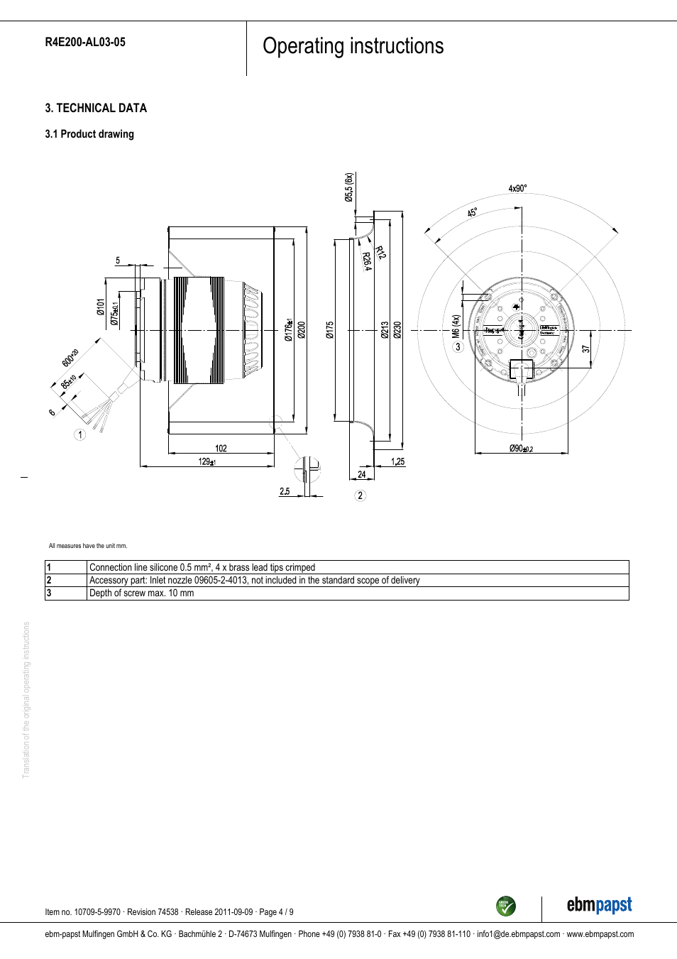 Operating instructions | ebm-papst R4E200-AL03-05 User Manual | Page 4 / 9
