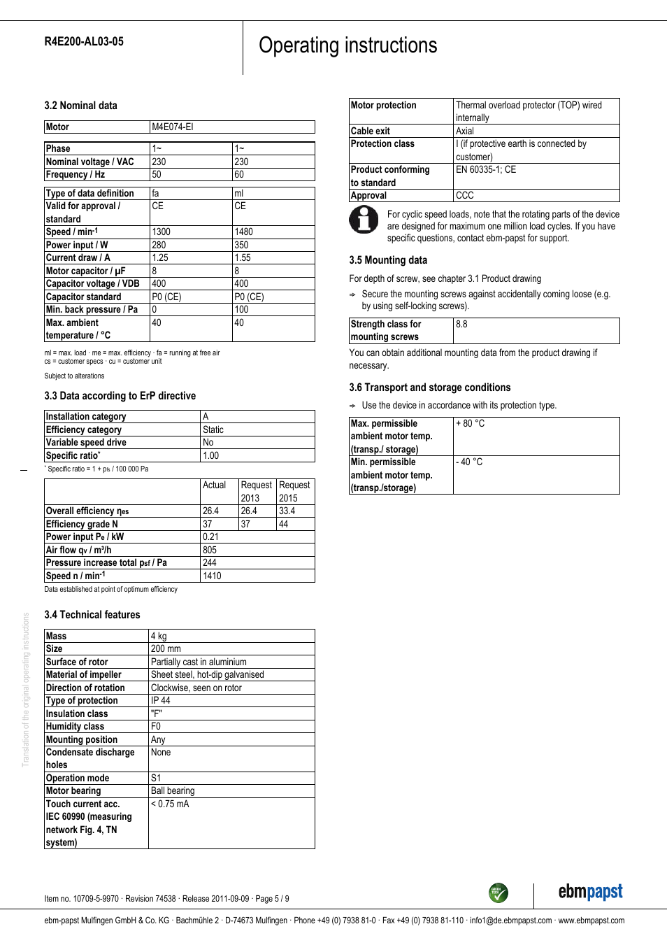 Operating instructions | ebm-papst R4E200-AL03-05 User Manual | Page 5 / 9