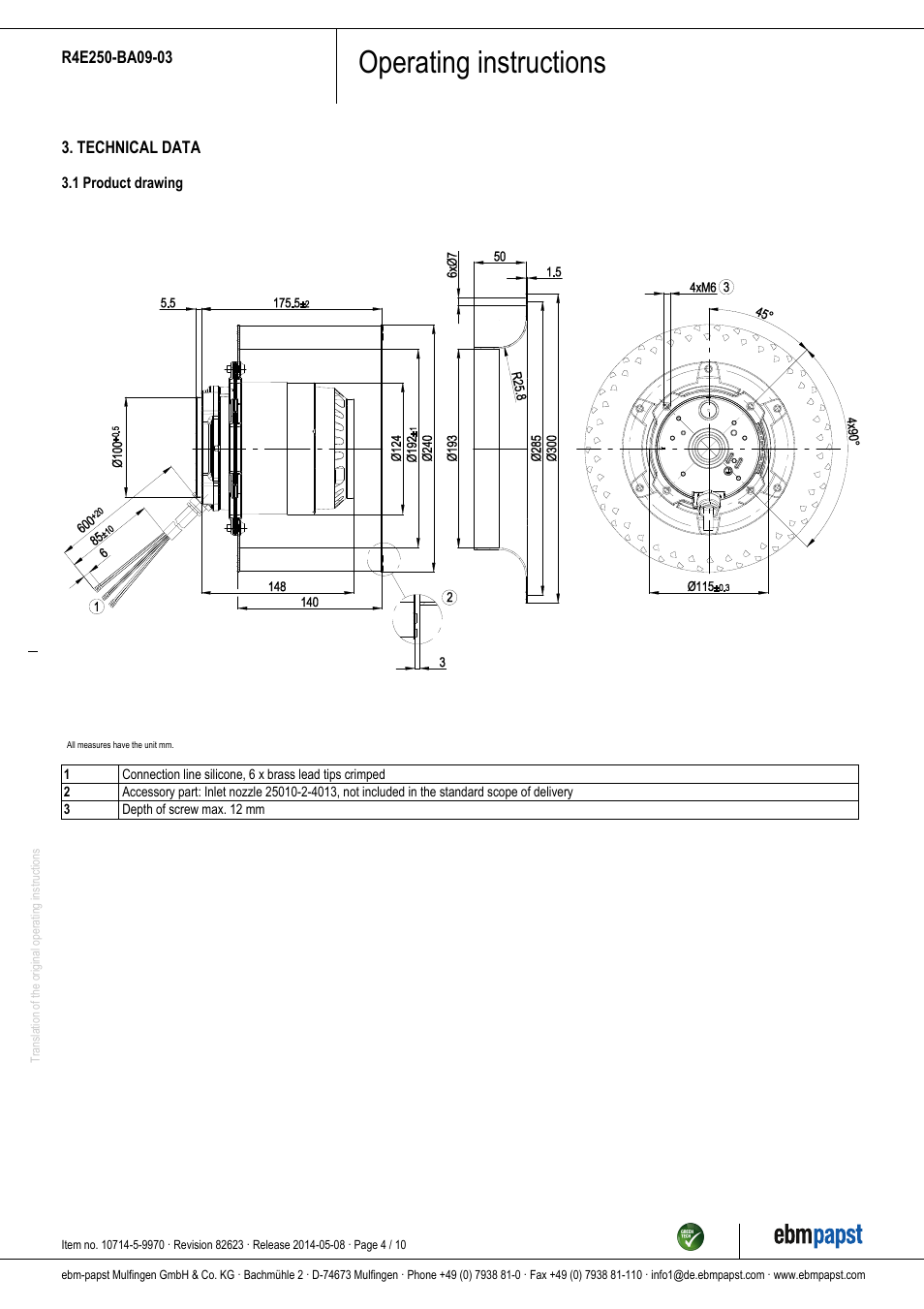 Operating instructions | ebm-papst R4E250-BA09-03 User Manual | Page 4 / 10