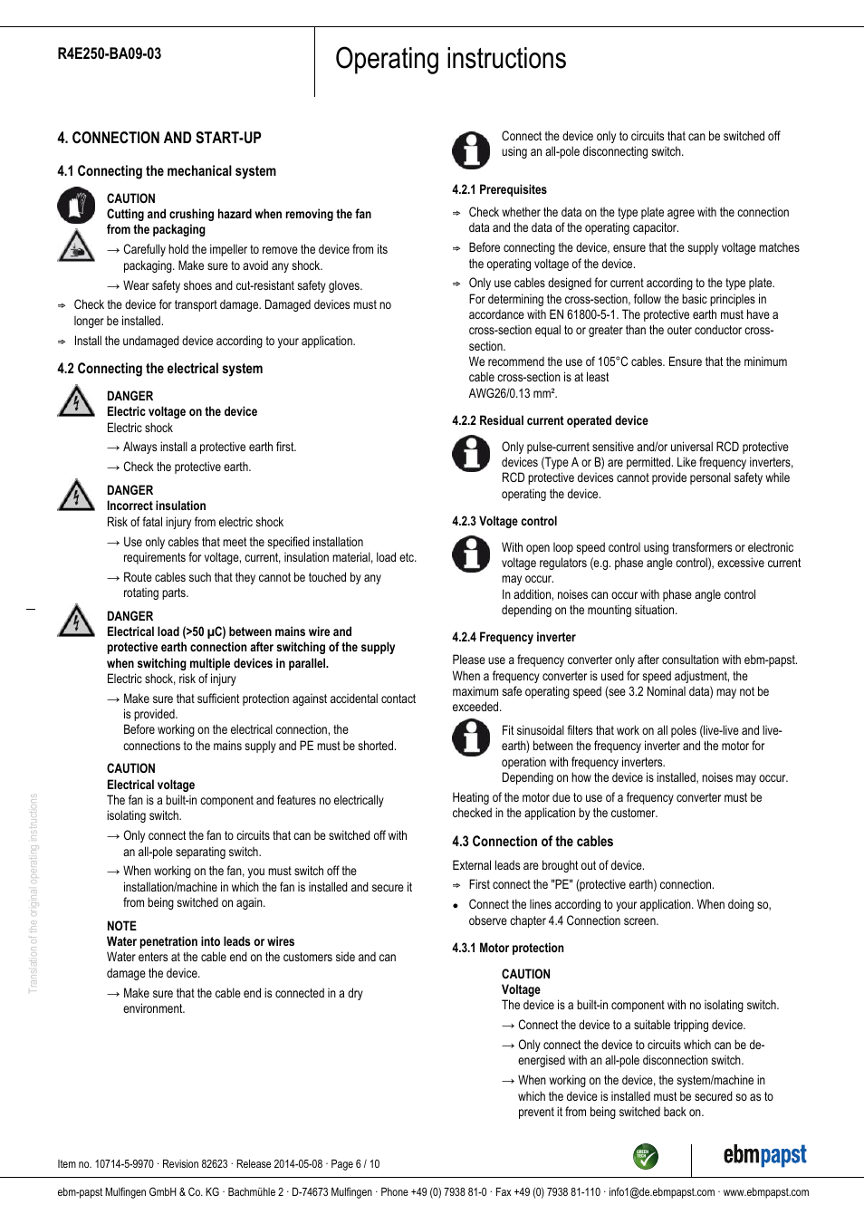 Operating instructions | ebm-papst R4E250-BA09-03 User Manual | Page 6 / 10