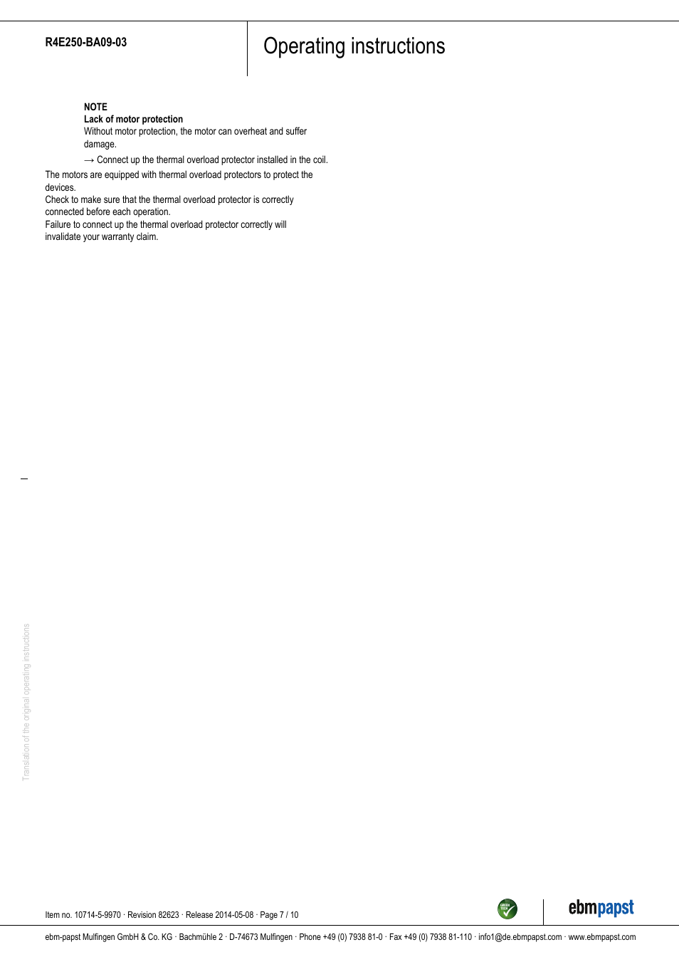 Operating instructions | ebm-papst R4E250-BA09-03 User Manual | Page 7 / 10