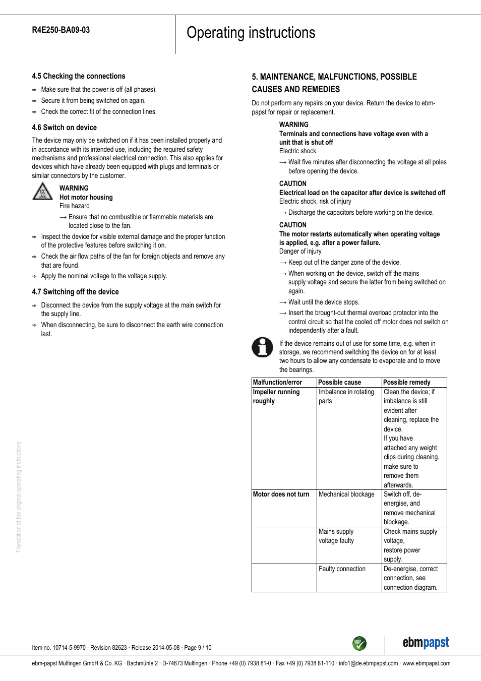 Operating instructions | ebm-papst R4E250-BA09-03 User Manual | Page 9 / 10