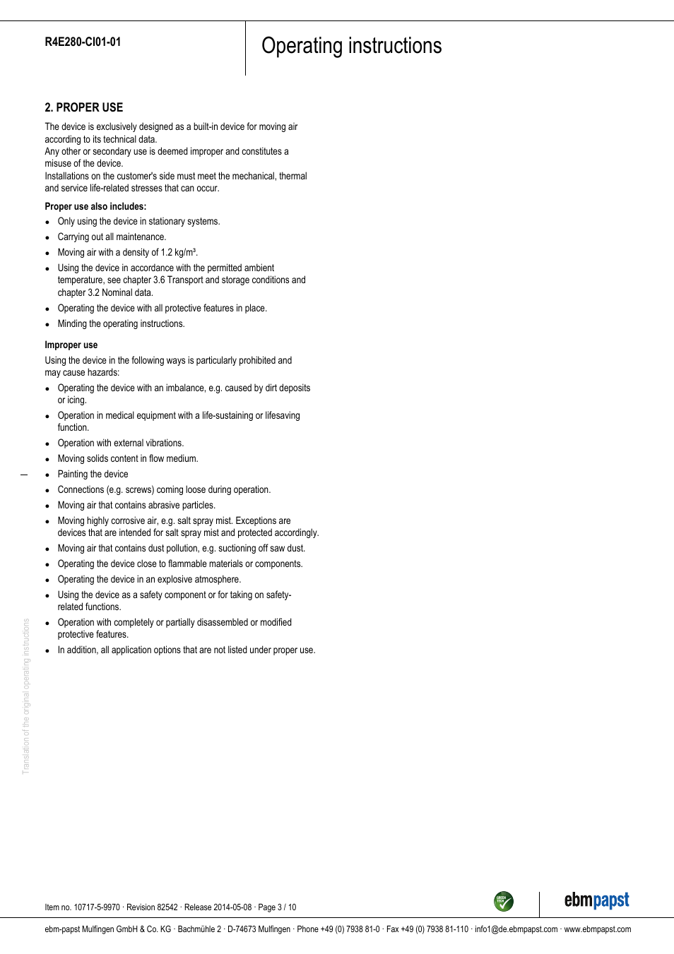 Operating instructions, Proper use | ebm-papst R4E280-CI01-01 User Manual | Page 3 / 10
