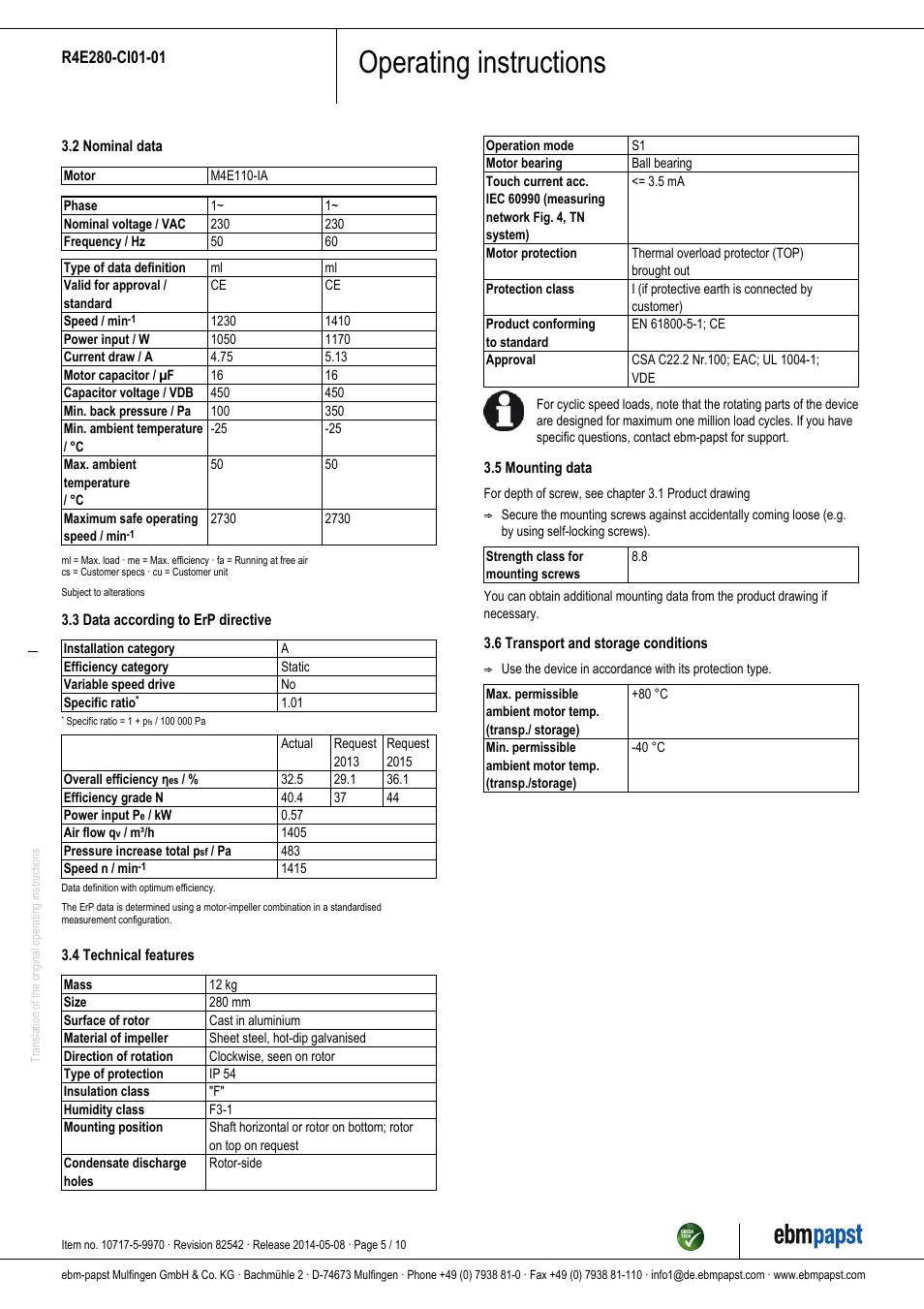 Operating instructions | ebm-papst R4E280-CI01-01 User Manual | Page 5 / 10