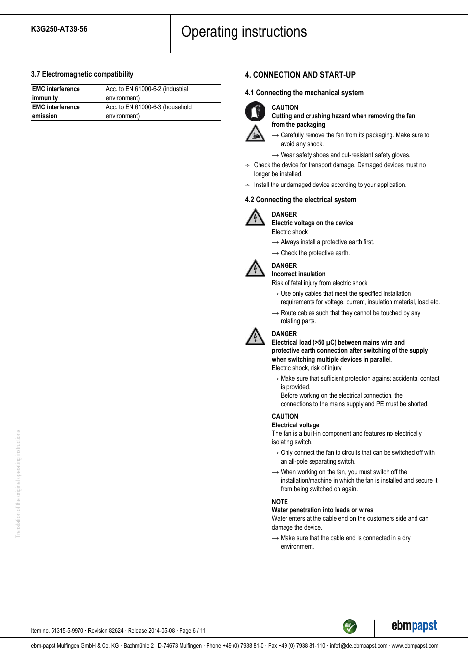 Operating instructions | ebm-papst K3G250-AT39-56 User Manual | Page 6 / 11