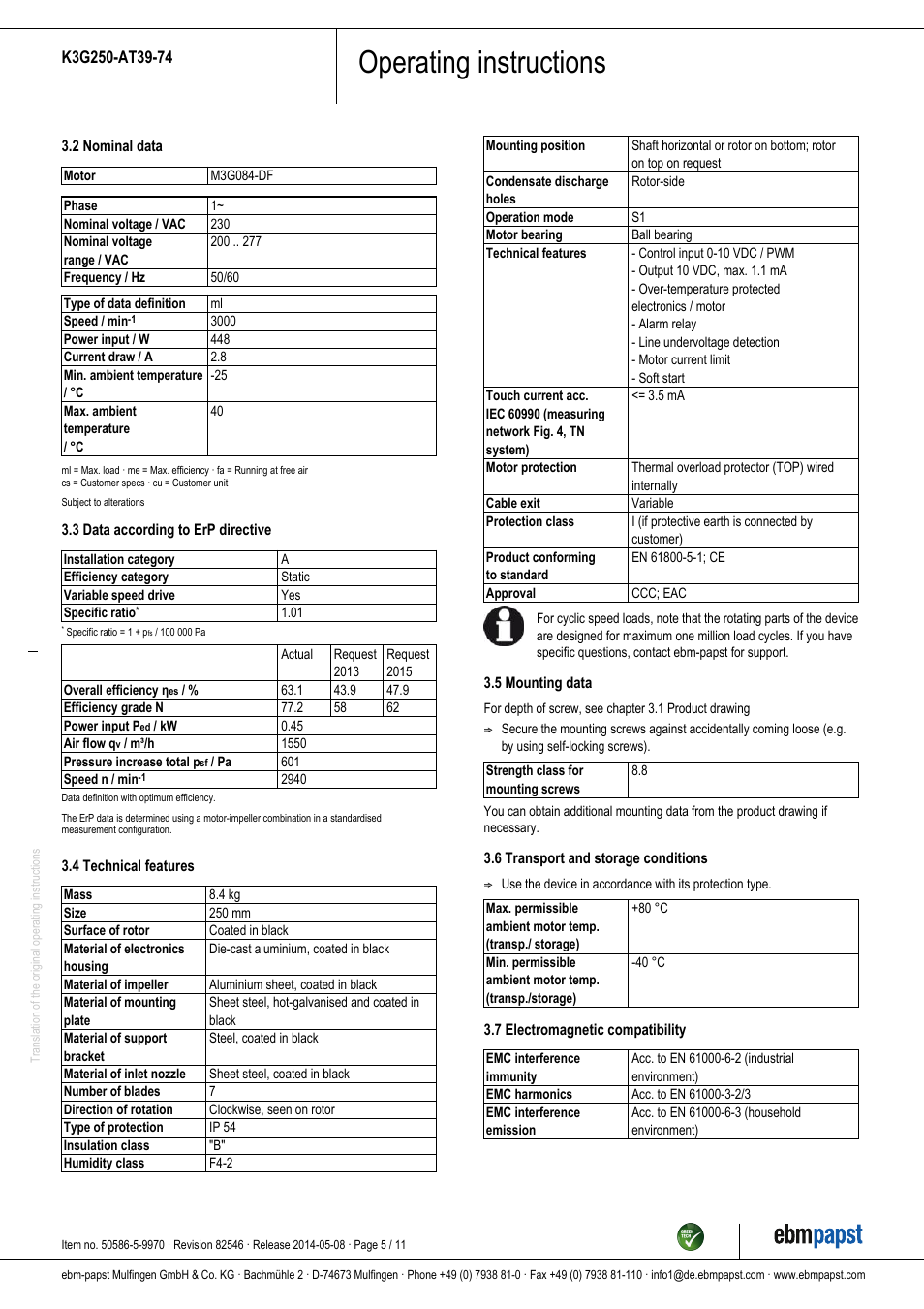 Operating instructions | ebm-papst K3G250-AT39-74 User Manual | Page 5 / 11