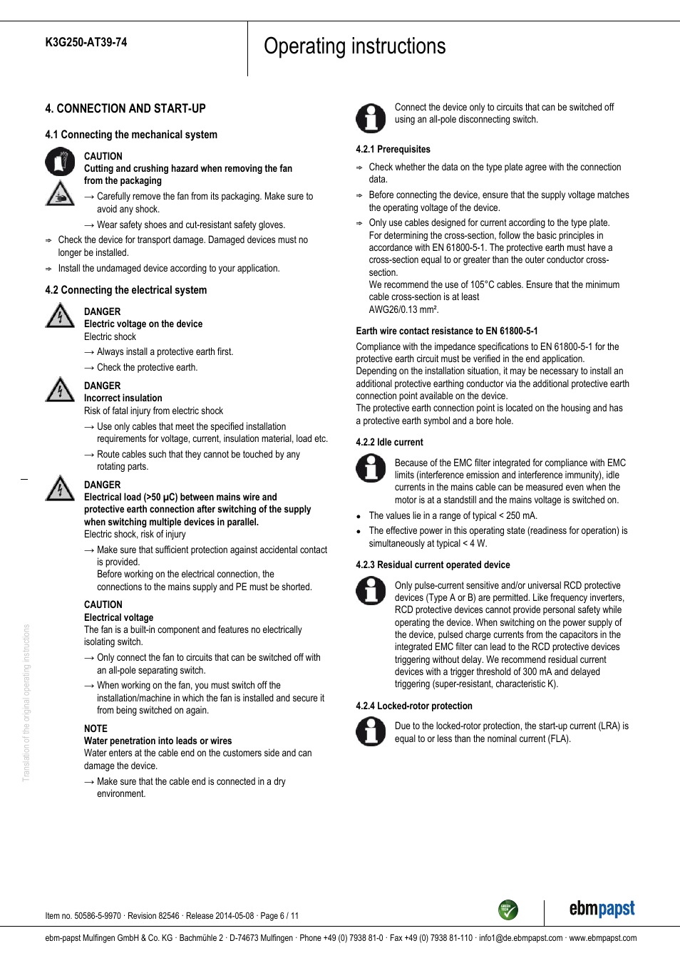 Operating instructions | ebm-papst K3G250-AT39-74 User Manual | Page 6 / 11