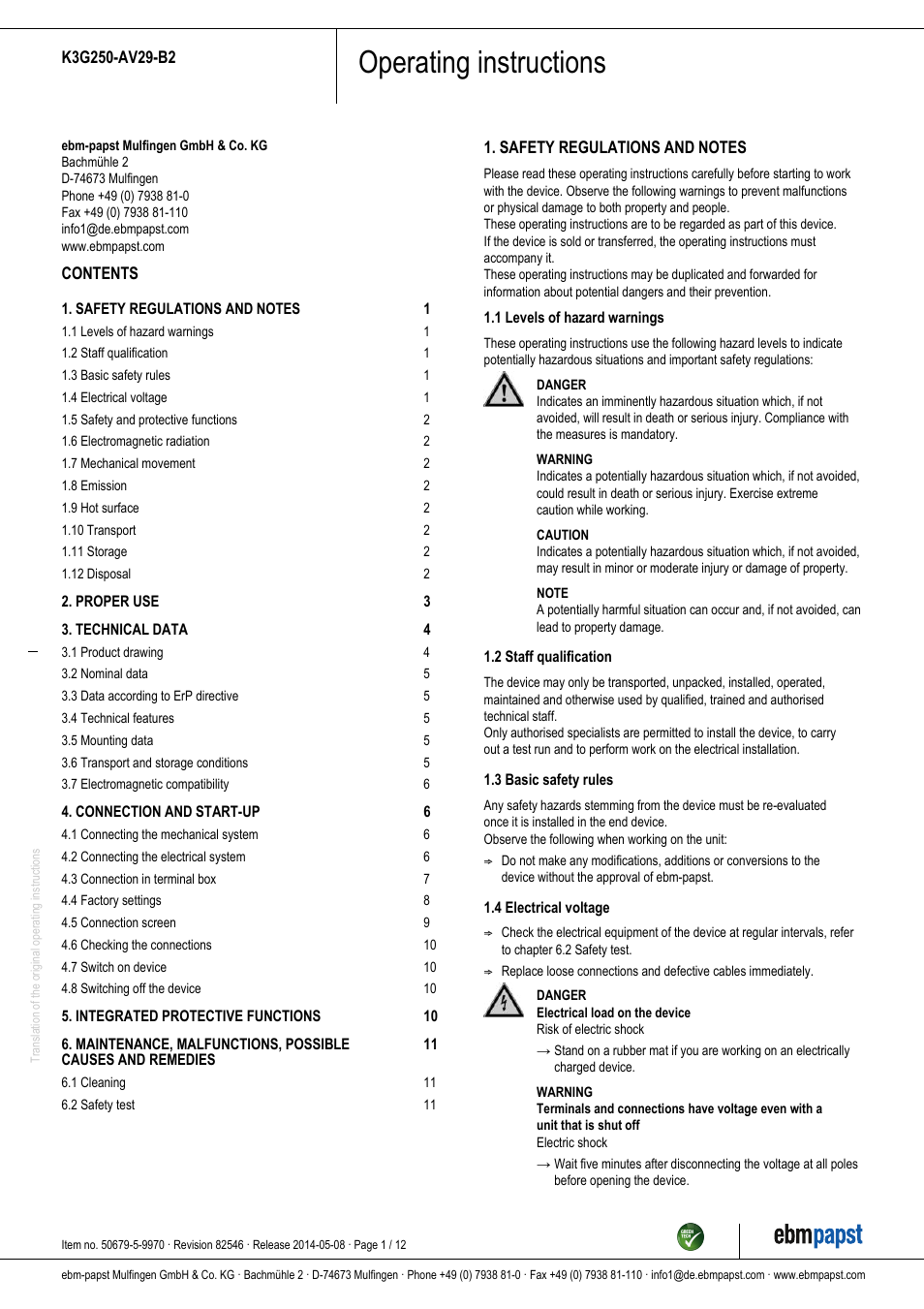 ebm-papst K3G250-AV29-B2 User Manual | 12 pages