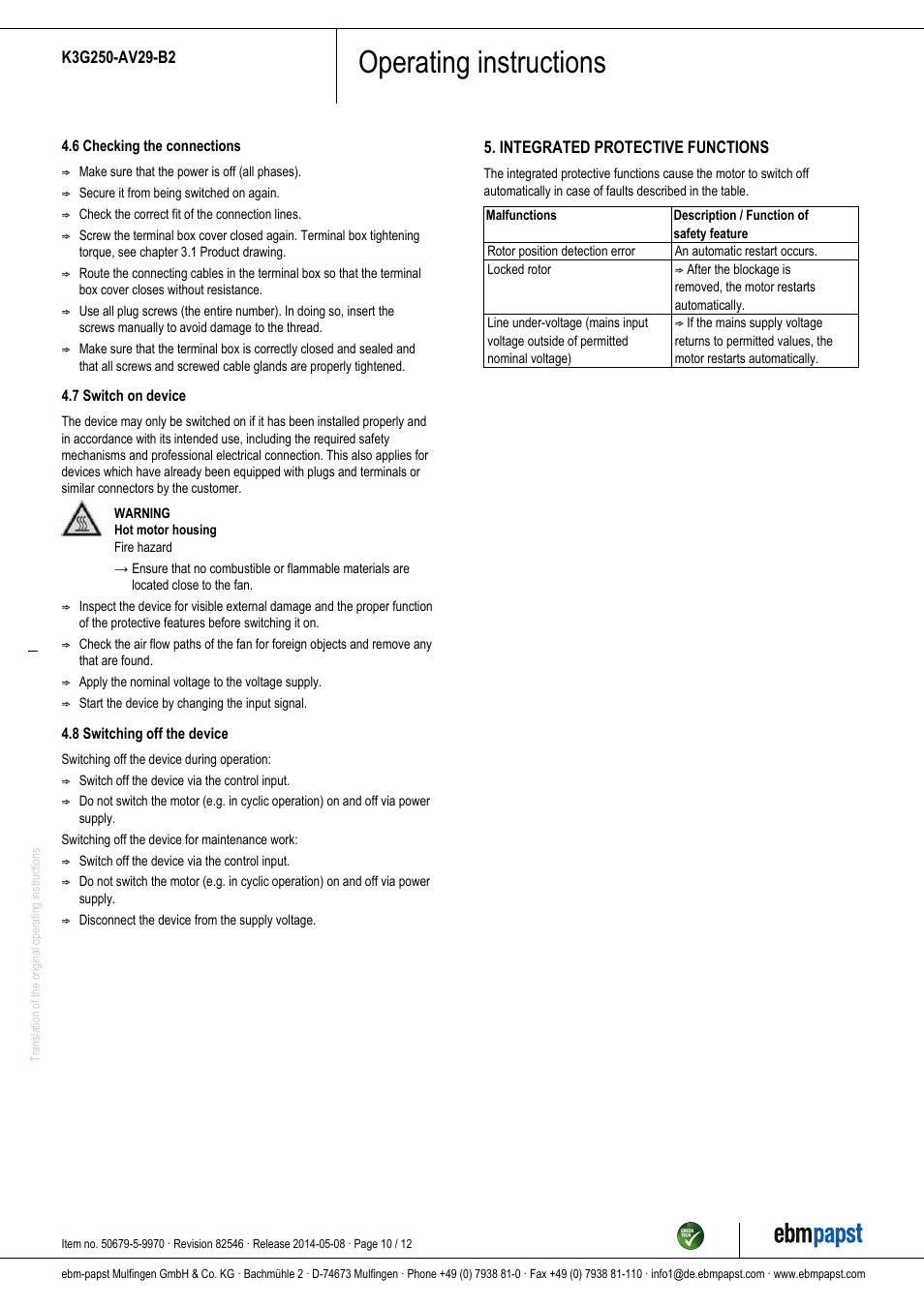 Operating instructions | ebm-papst K3G250-AV29-B2 User Manual | Page 10 / 12