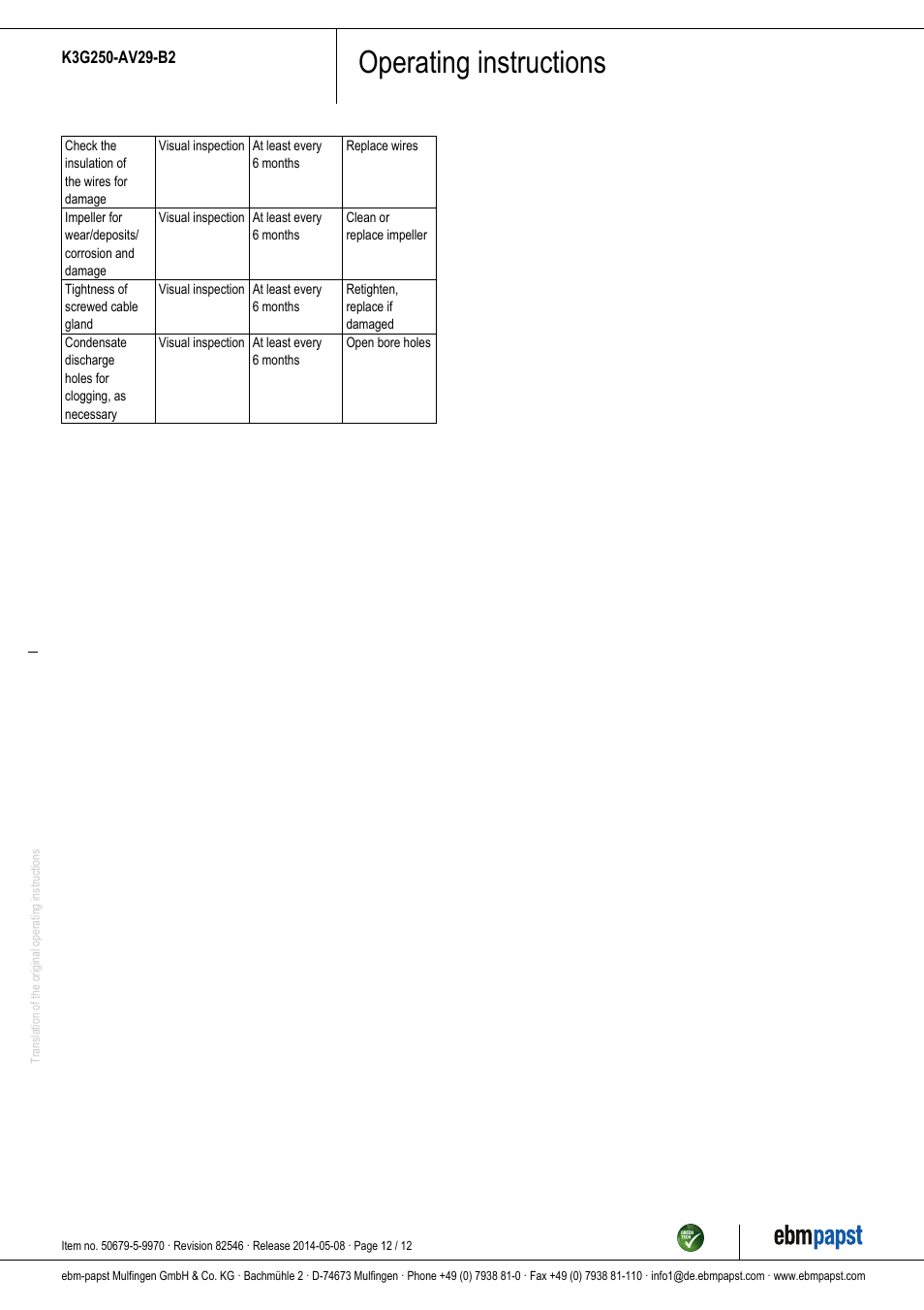 Operating instructions | ebm-papst K3G250-AV29-B2 User Manual | Page 12 / 12