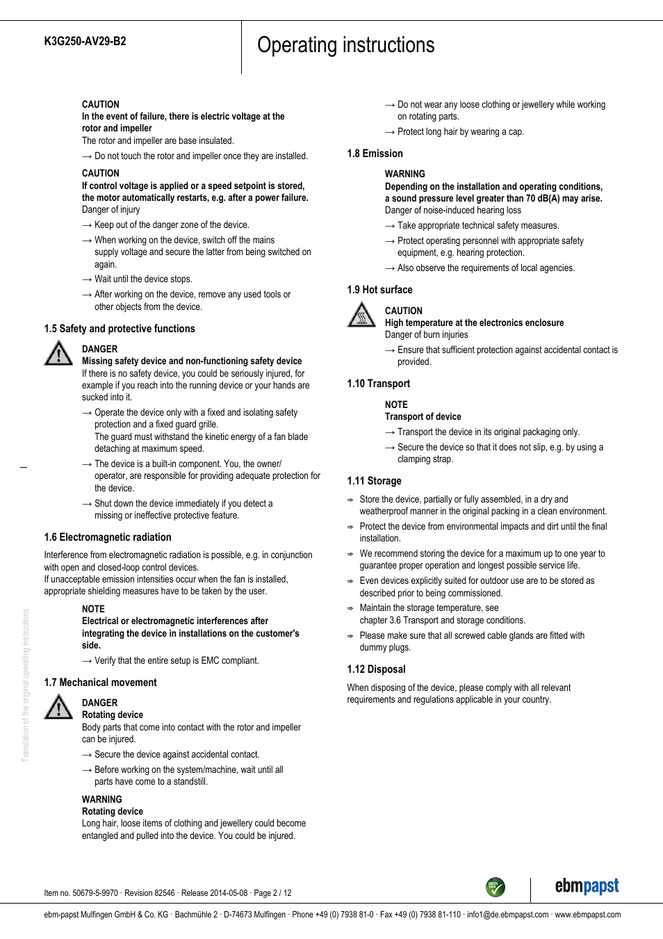 Operating instructions | ebm-papst K3G250-AV29-B2 User Manual | Page 2 / 12