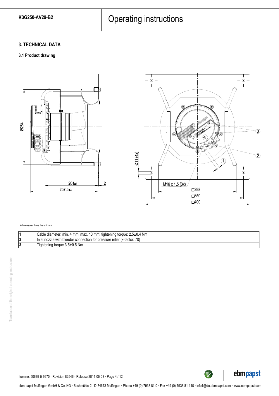 Operating instructions | ebm-papst K3G250-AV29-B2 User Manual | Page 4 / 12