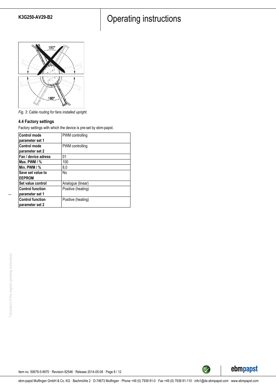 Operating instructions | ebm-papst K3G250-AV29-B2 User Manual | Page 8 / 12