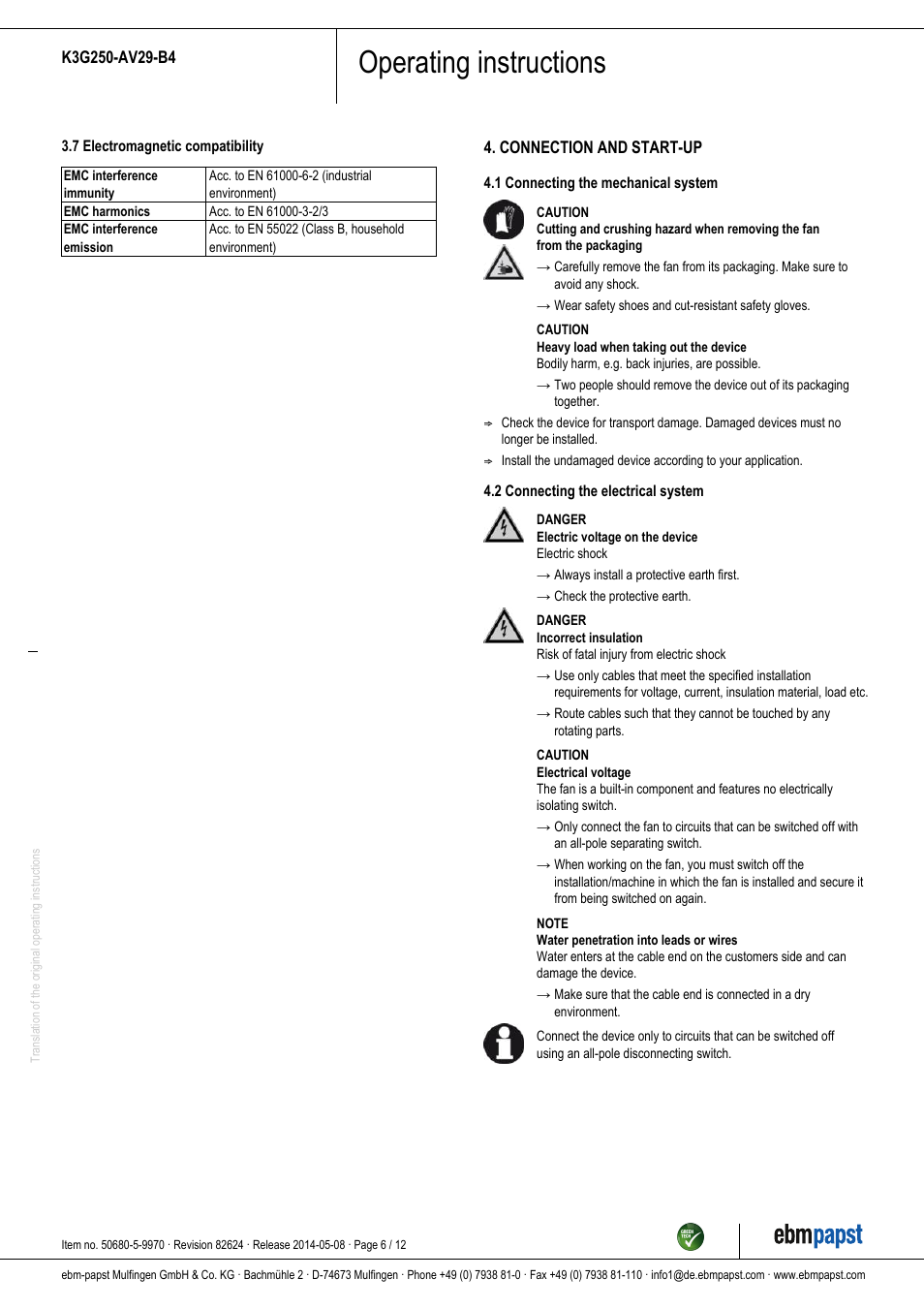 Operating instructions | ebm-papst K3G250-AV29-B4 User Manual | Page 6 / 12