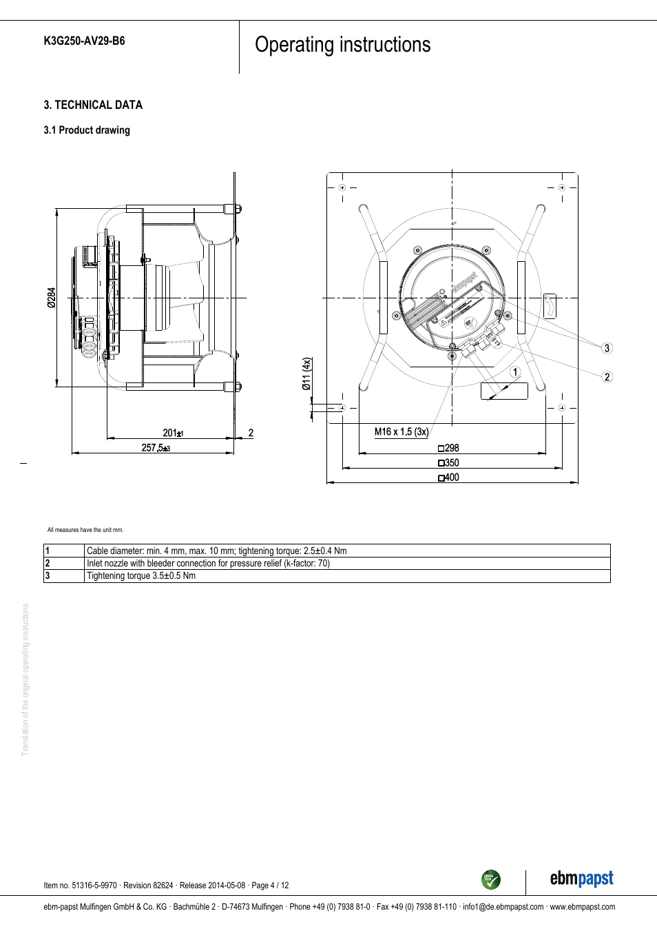 Operating instructions | ebm-papst K3G250-AV29-B6 User Manual | Page 4 / 12