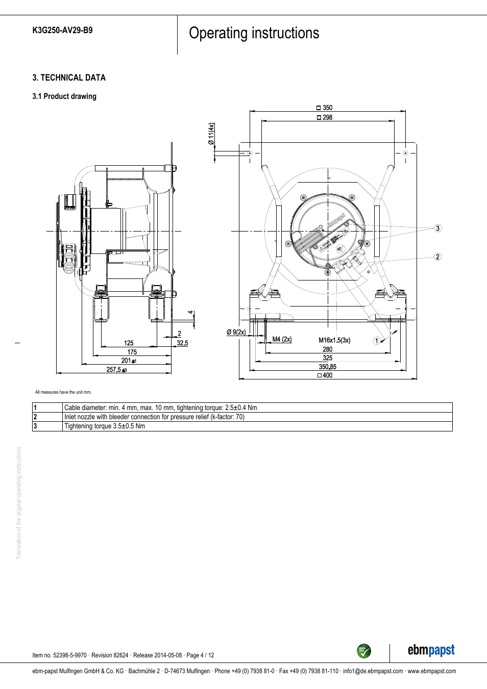 Operating instructions | ebm-papst K3G250-AV29-B9 User Manual | Page 4 / 12