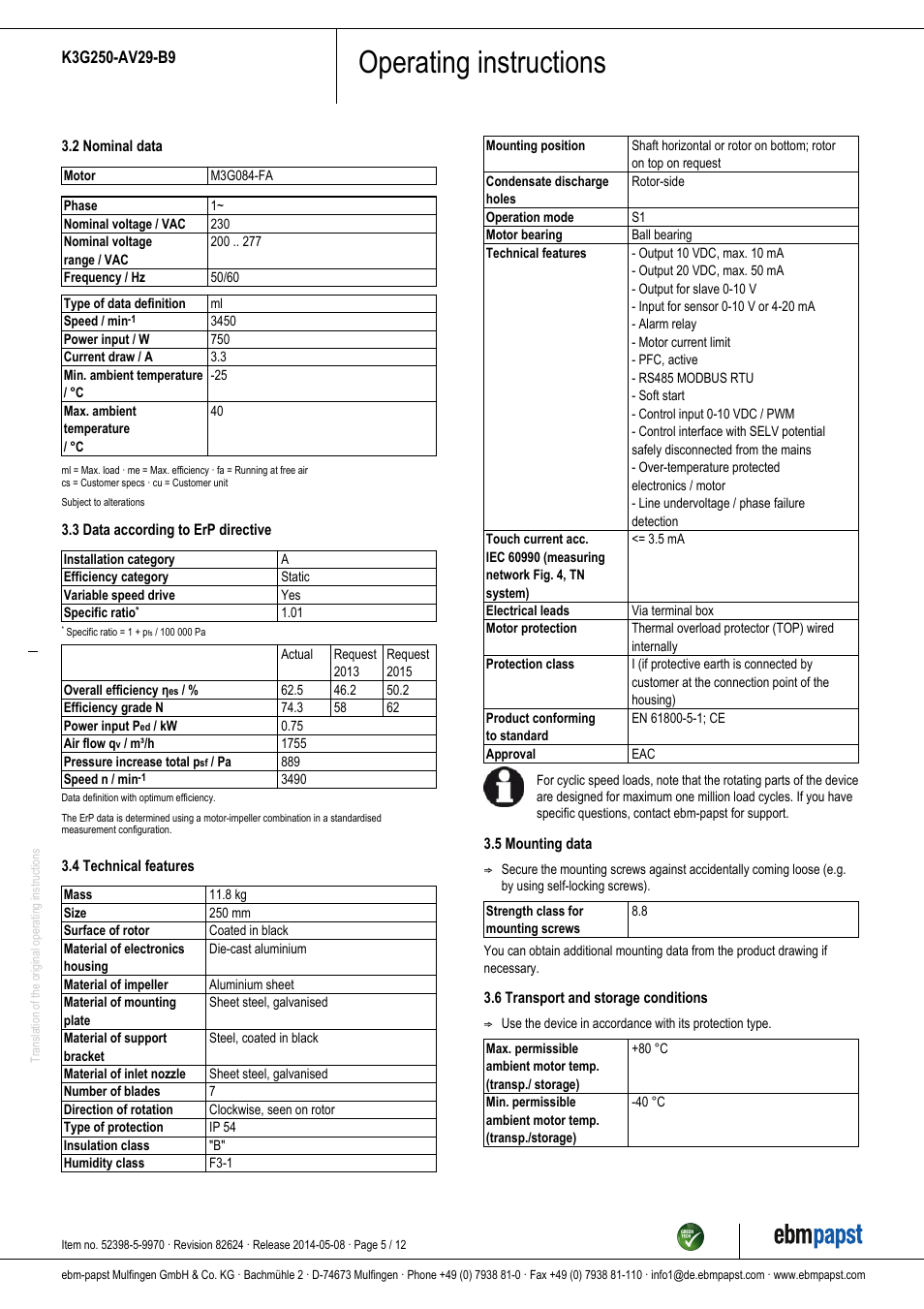 Operating instructions | ebm-papst K3G250-AV29-B9 User Manual | Page 5 / 12