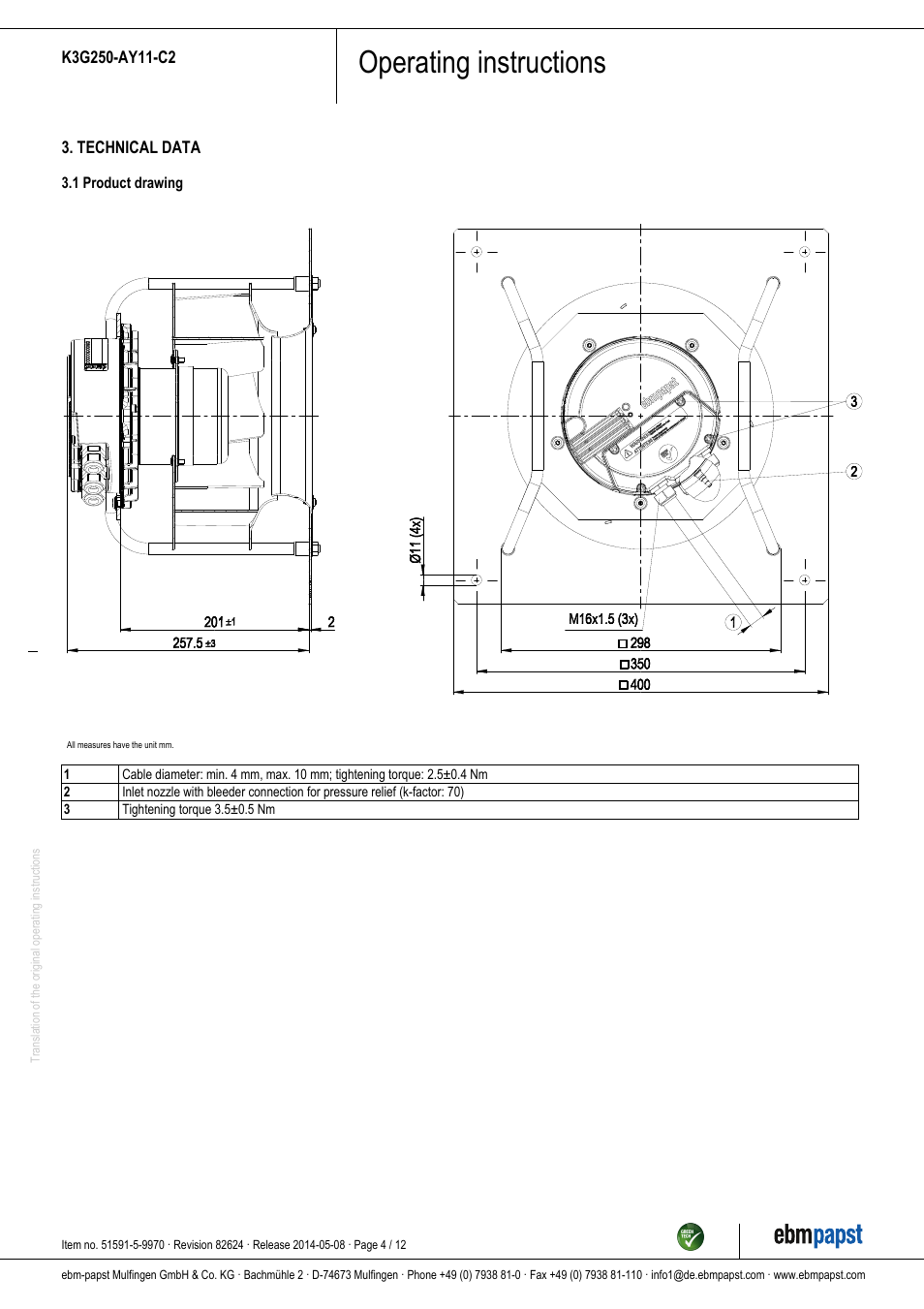 Operating instructions | ebm-papst K3G250-AY11-C2 User Manual | Page 4 / 12