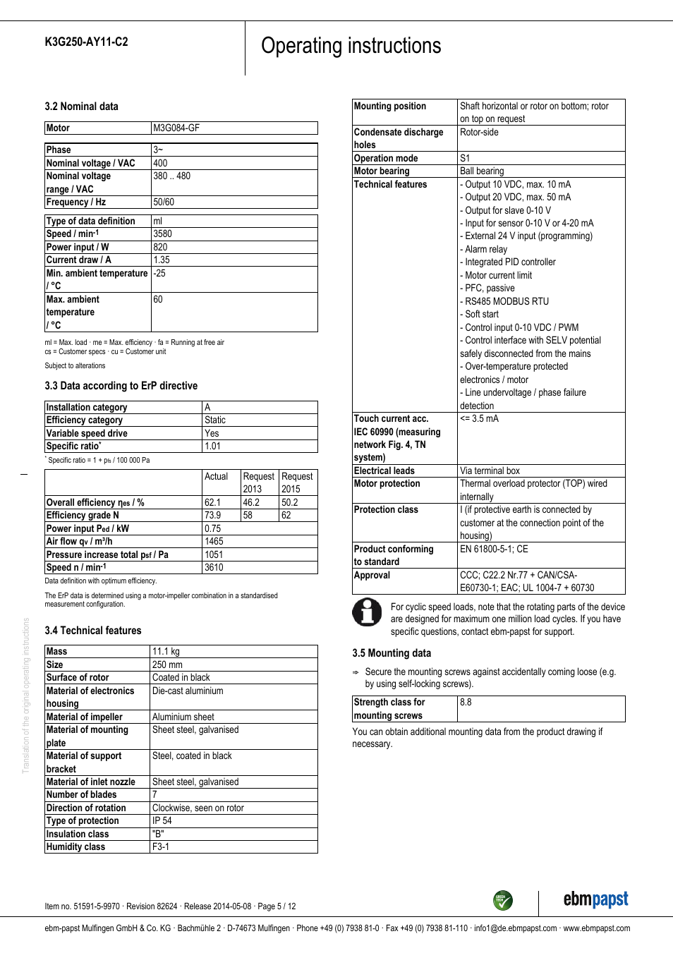 Operating instructions | ebm-papst K3G250-AY11-C2 User Manual | Page 5 / 12