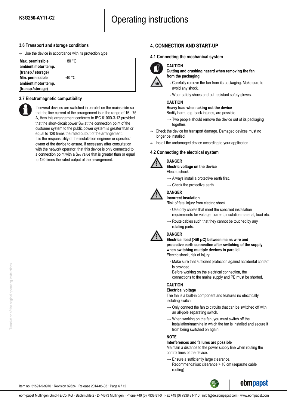 Operating instructions | ebm-papst K3G250-AY11-C2 User Manual | Page 6 / 12