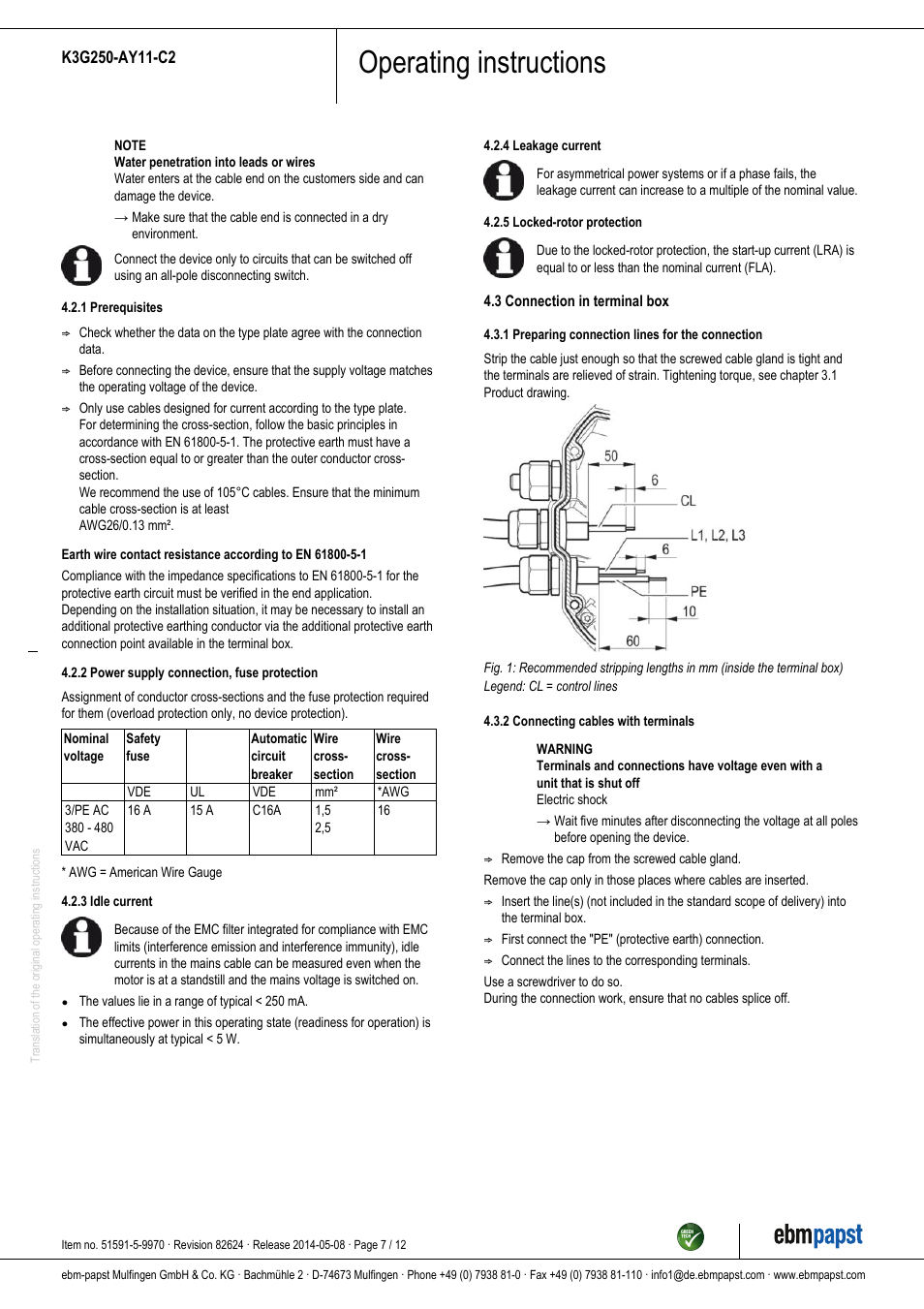 Operating instructions | ebm-papst K3G250-AY11-C2 User Manual | Page 7 / 12