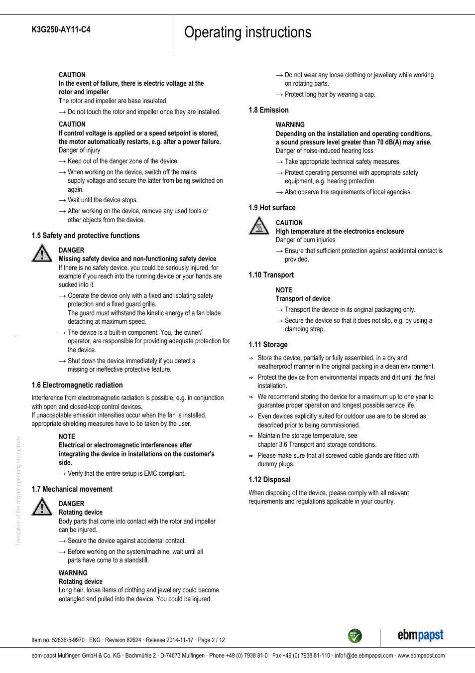 Operating instructions | ebm-papst K3G250-AY11-C4 User Manual | Page 2 / 12