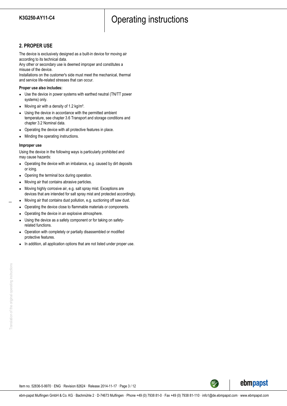Operating instructions, Proper use | ebm-papst K3G250-AY11-C4 User Manual | Page 3 / 12