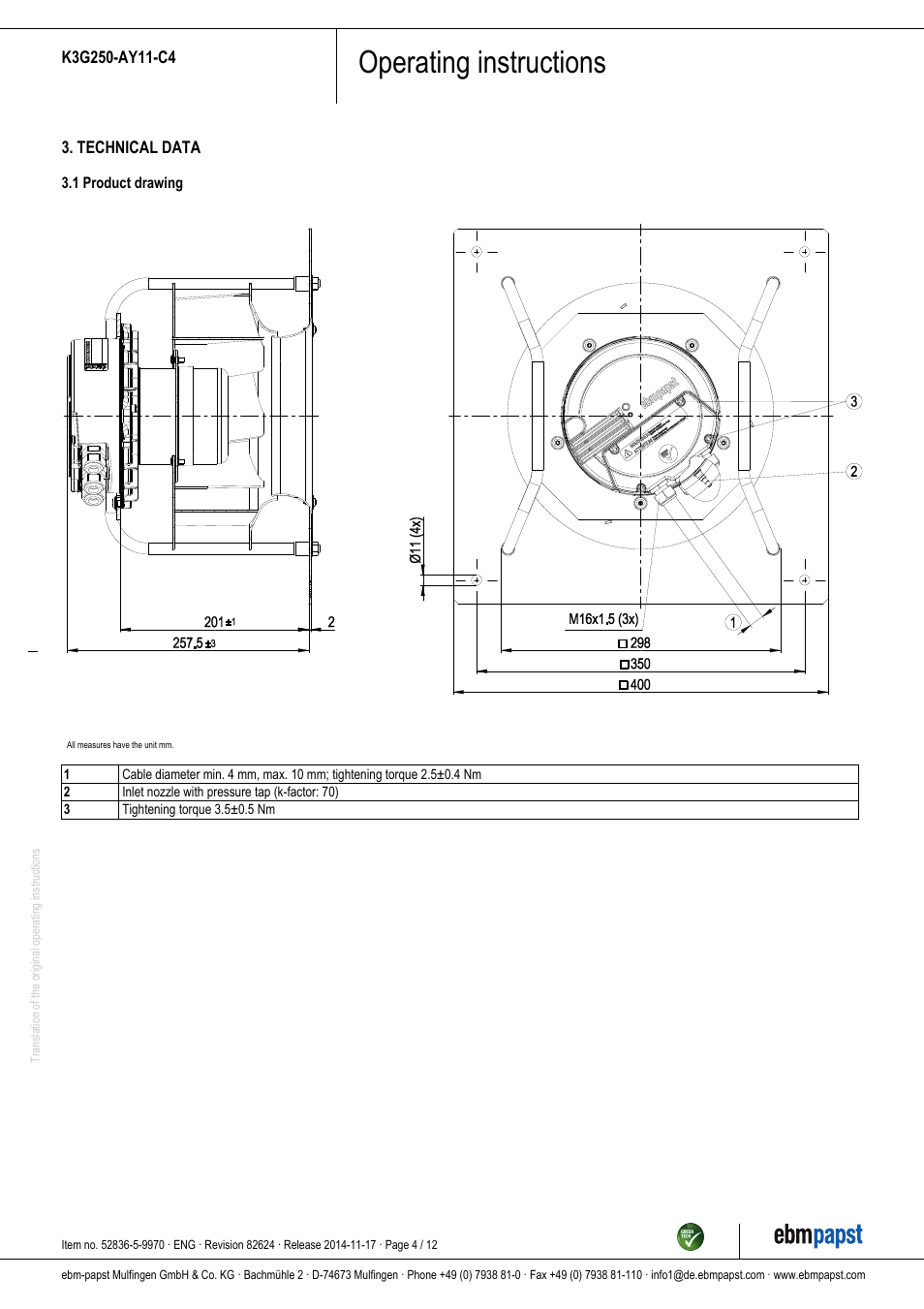 Operating instructions | ebm-papst K3G250-AY11-C4 User Manual | Page 4 / 12