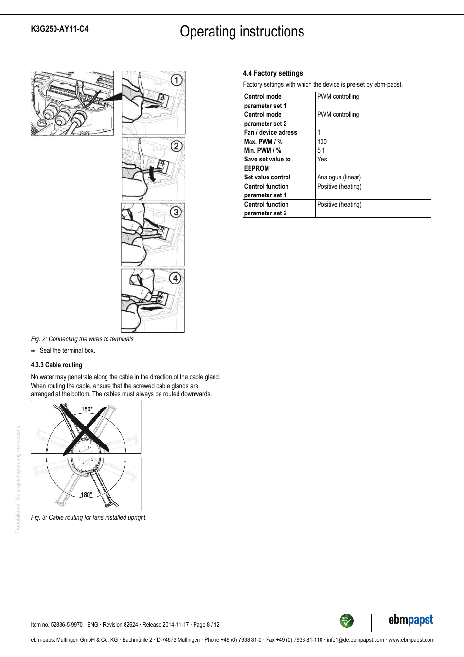Operating instructions | ebm-papst K3G250-AY11-C4 User Manual | Page 8 / 12