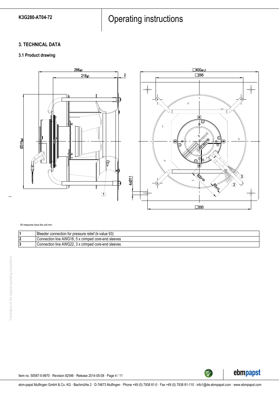 Operating instructions | ebm-papst K3G280-AT04-72 User Manual | Page 4 / 11