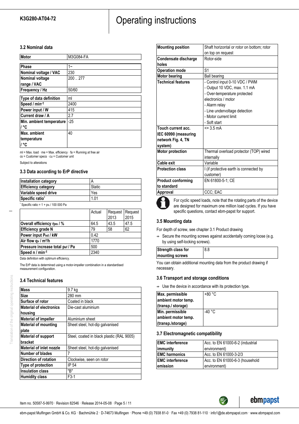 Operating instructions | ebm-papst K3G280-AT04-72 User Manual | Page 5 / 11