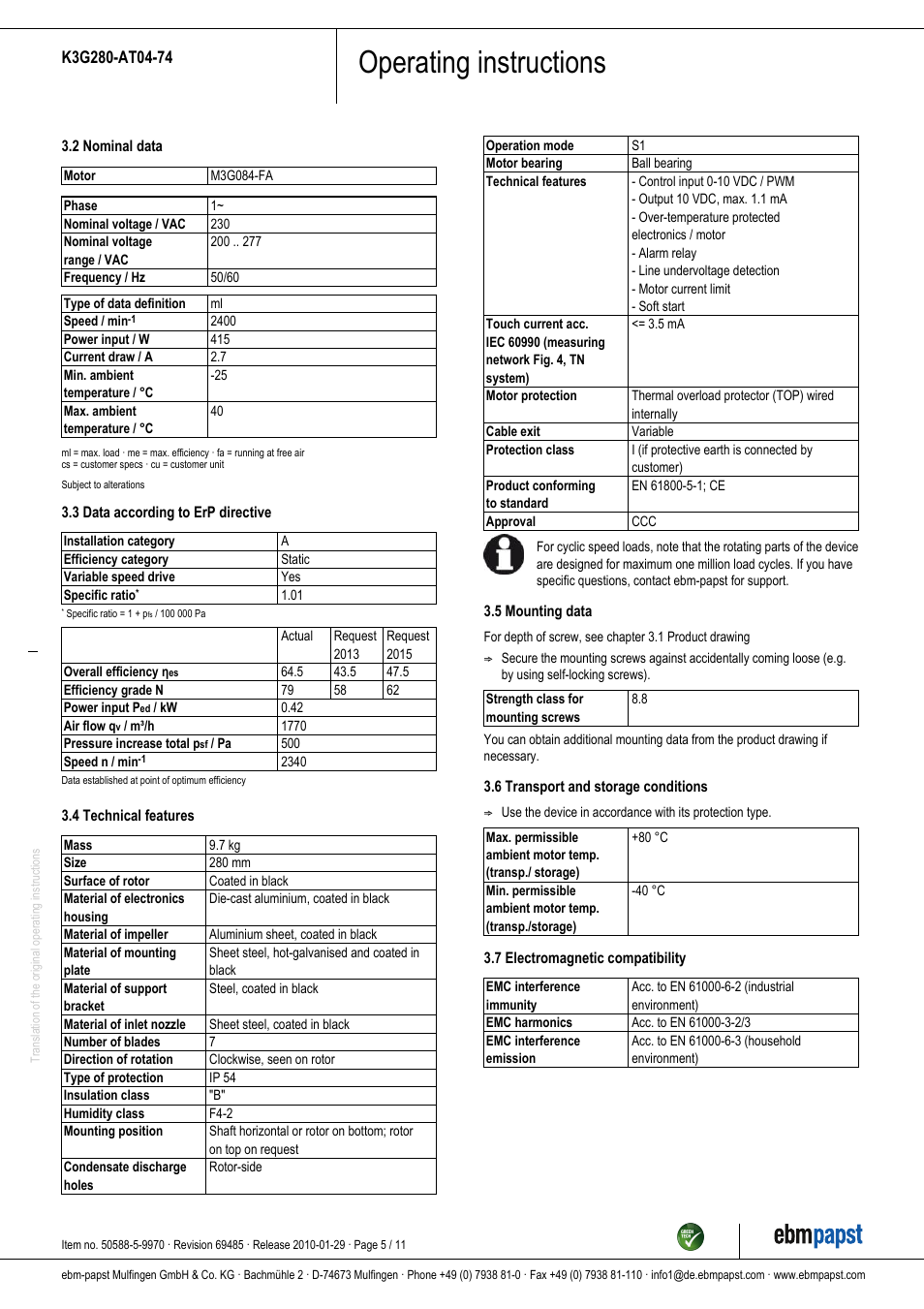 Operating instructions | ebm-papst K3G280-AT04-74 User Manual | Page 5 / 11