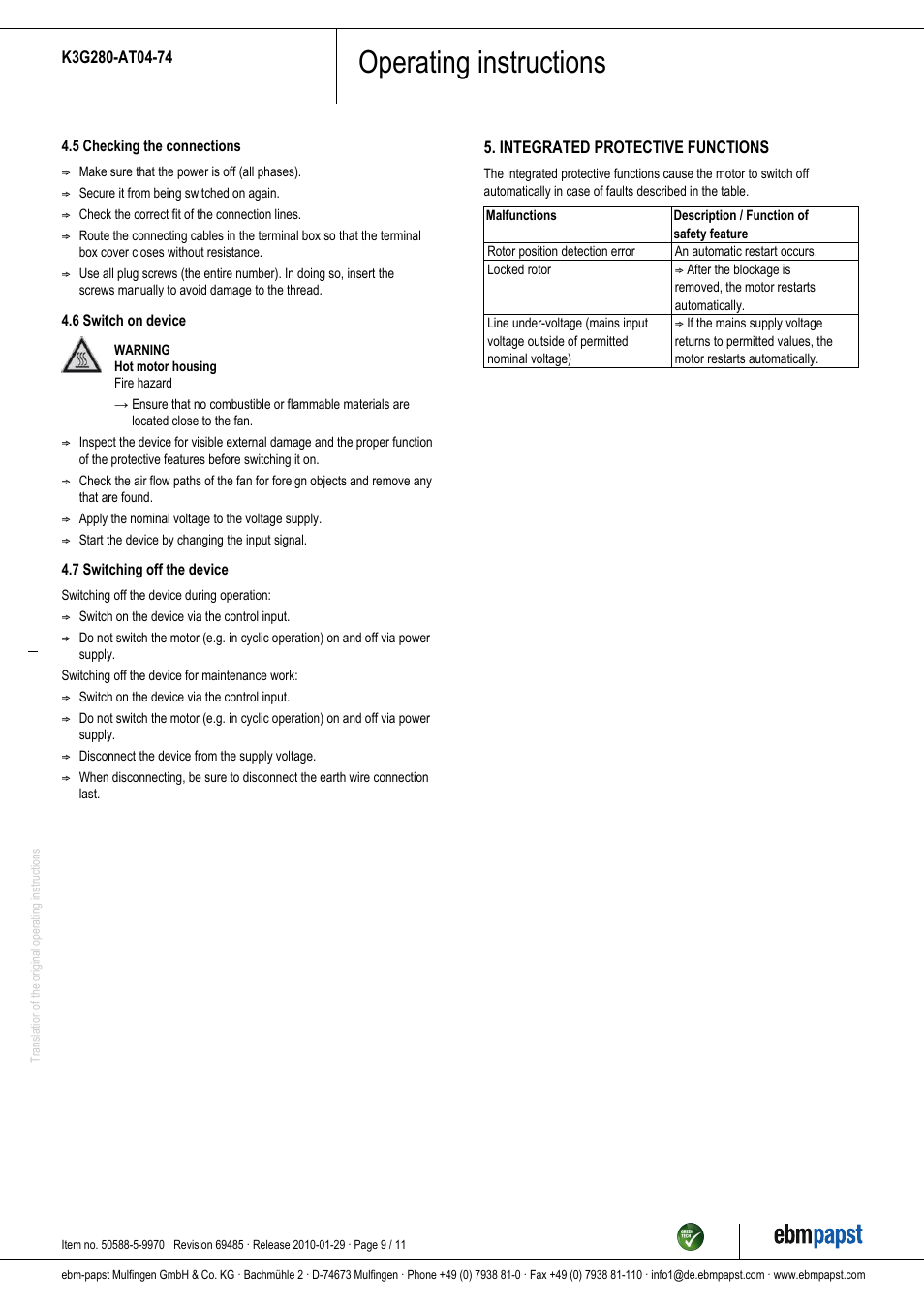 Operating instructions | ebm-papst K3G280-AT04-74 User Manual | Page 9 / 11