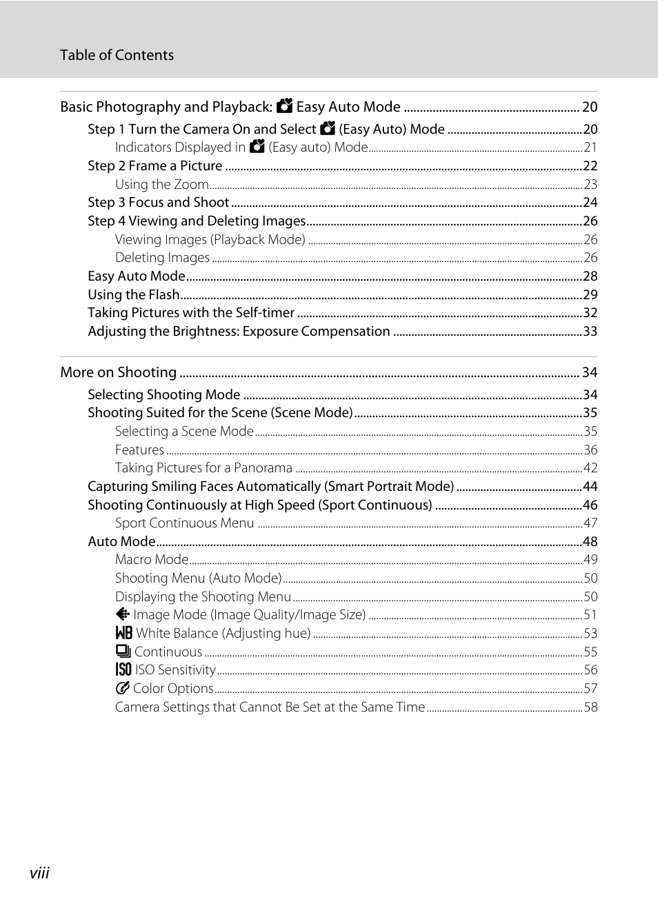 Viii | Nikon L105 User Manual | Page 10 / 152