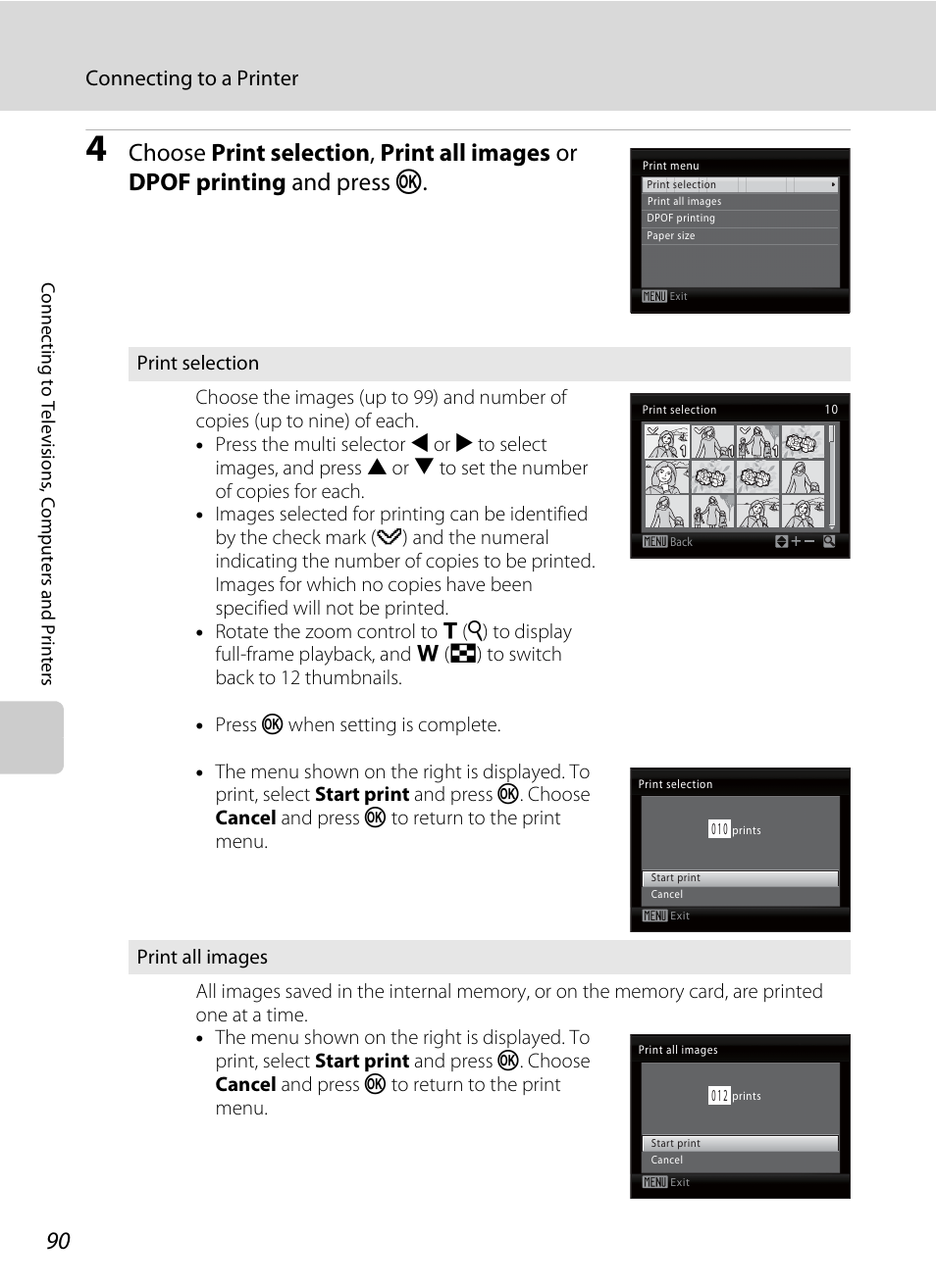 A 90, Connecting to a printer | Nikon L105 User Manual | Page 102 / 152