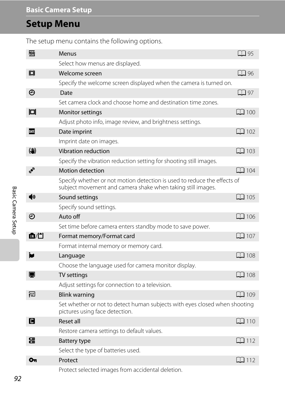 Basic camera setup, Setup menu, A 92) to | Menu (a 92), A 92) and, A 92) | Nikon L105 User Manual | Page 104 / 152