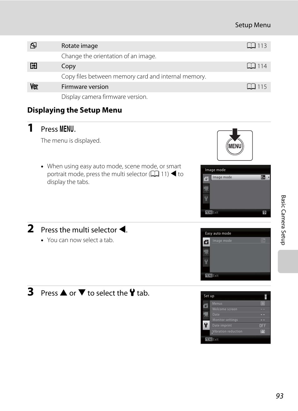 Displaying the setup menu, Press d, Press the multi selector j | Press h or i to select the z tab | Nikon L105 User Manual | Page 105 / 152