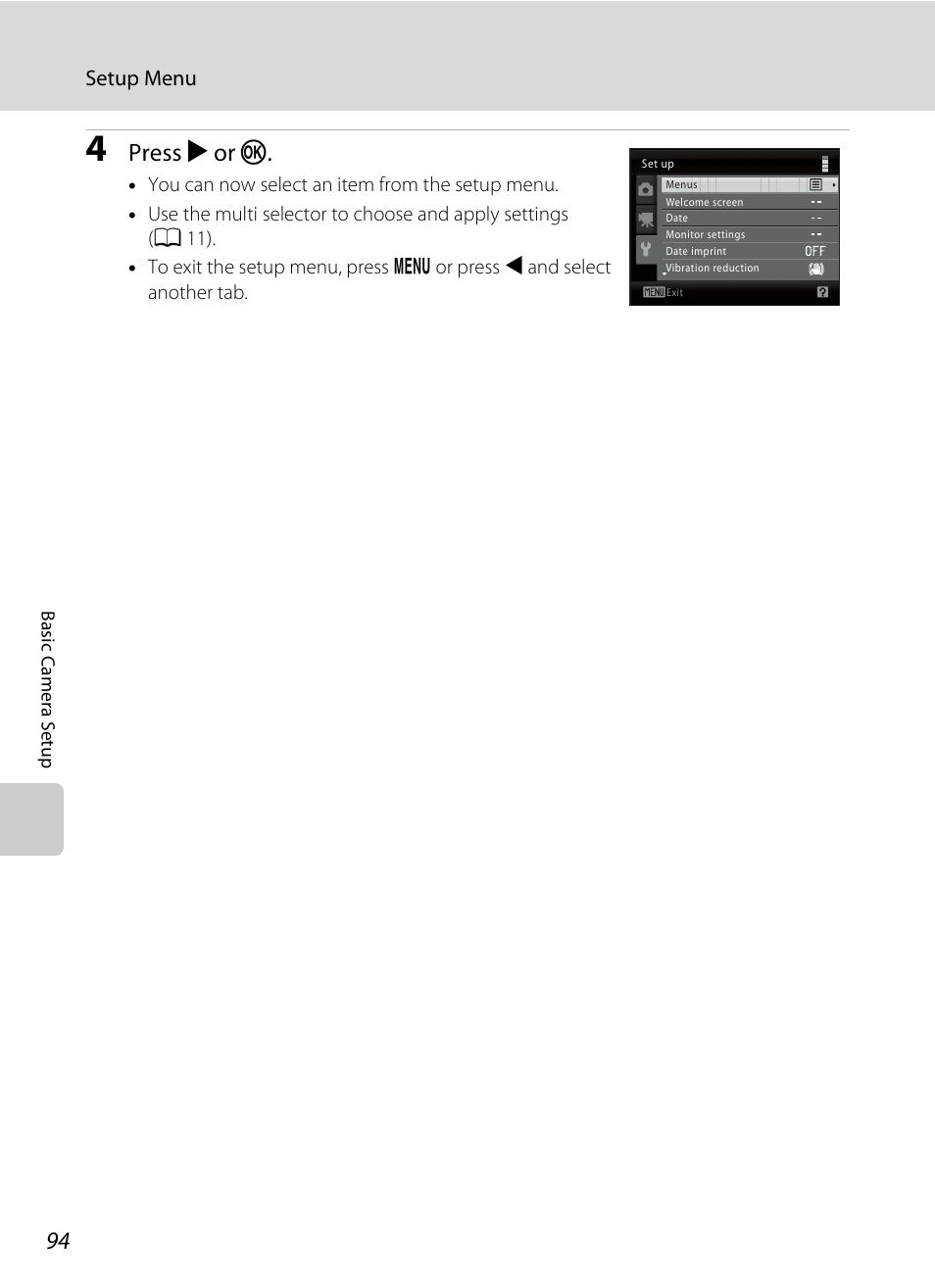 Press k or k, Setup menu | Nikon L105 User Manual | Page 106 / 152