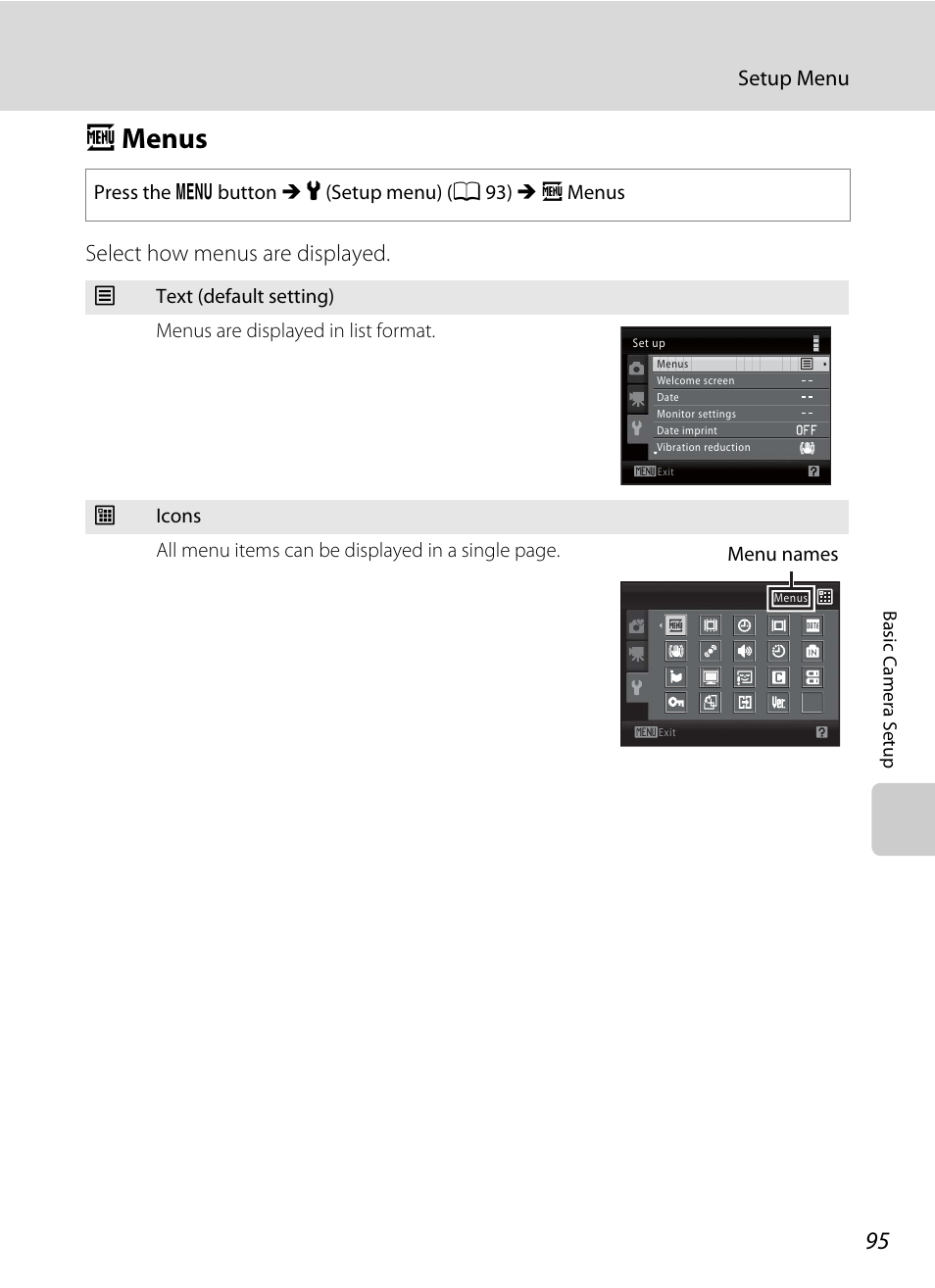 Menus, A menus, A 95 | Select how menus are displayed, Setup menu, Menu names | Nikon L105 User Manual | Page 107 / 152