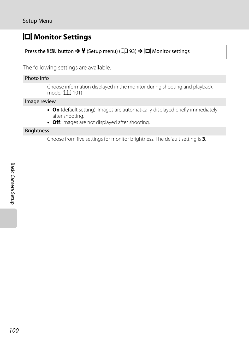 Monitor settings, E monitor settings, A 100) | A 100 | Nikon L105 User Manual | Page 112 / 152