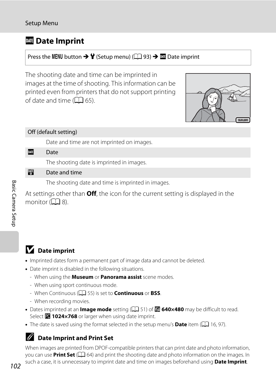 Date imprint, F date imprint, A 102) | A 102) i, A 102 | Nikon L105 User Manual | Page 114 / 152