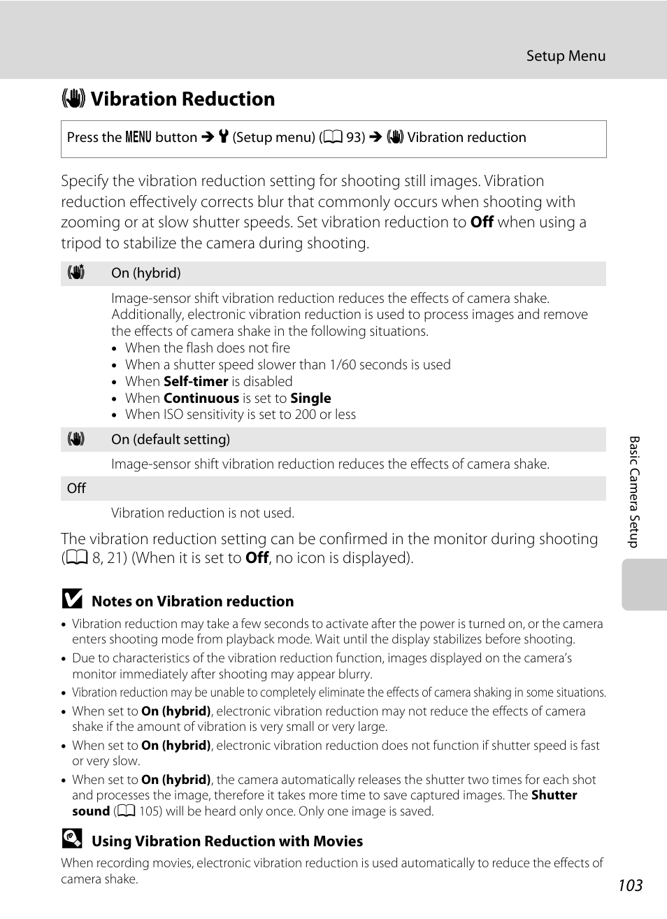 Vibration reduction, G vibration reduction, A 103) | A 103) to, A 103) setting and hold the, A 103 | Nikon L105 User Manual | Page 115 / 152